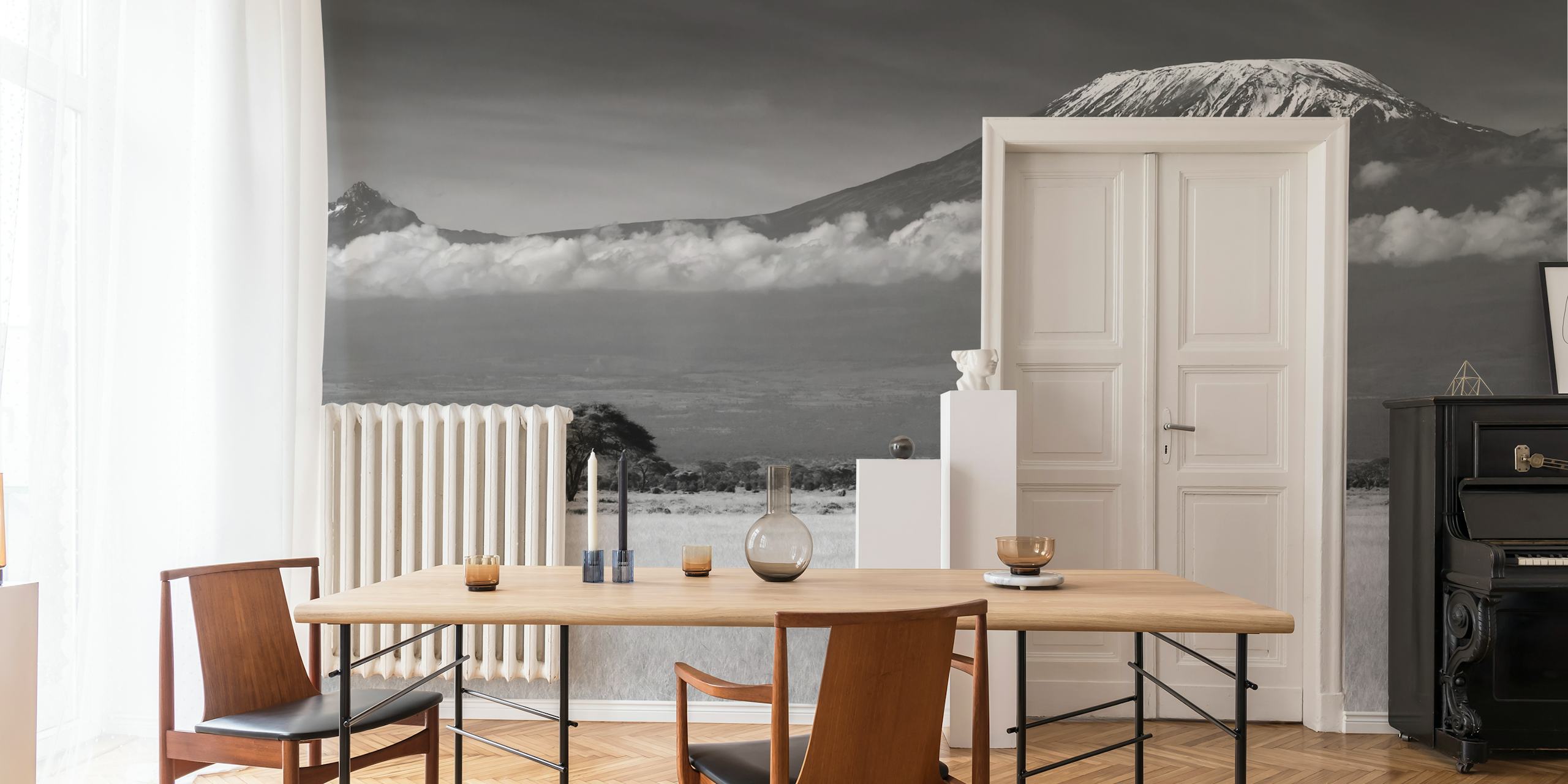 Black and white elephant in a savannah landscape wallpaper