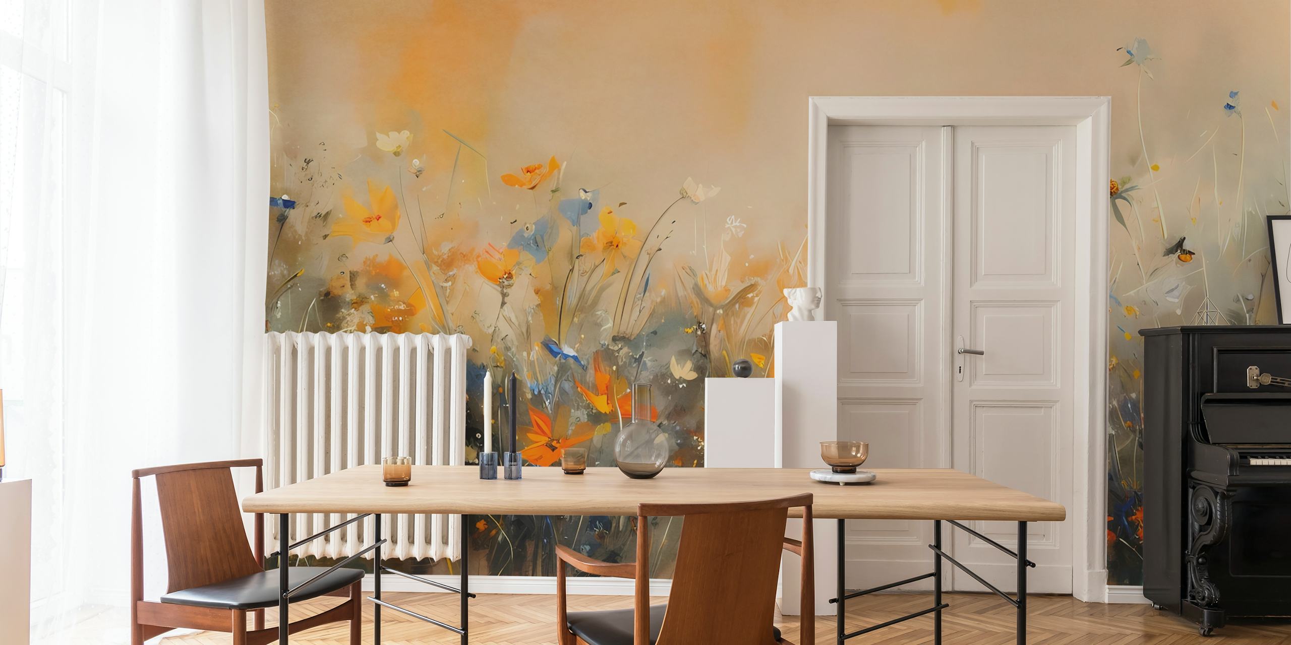 A wall mural of wildflowers in bloom with a warm, soft background