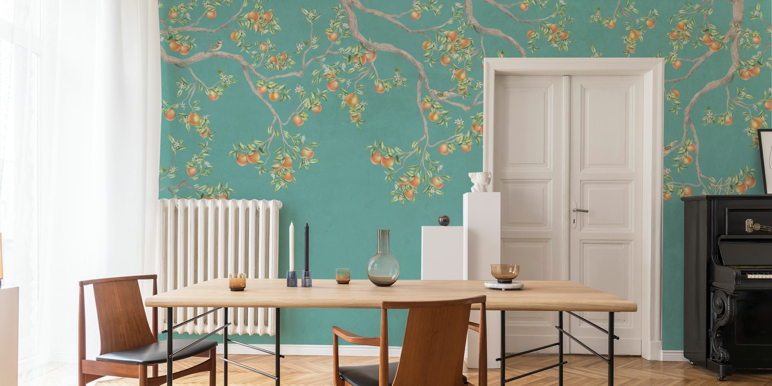 Floral branches with orange fruits on teal background wallpaper