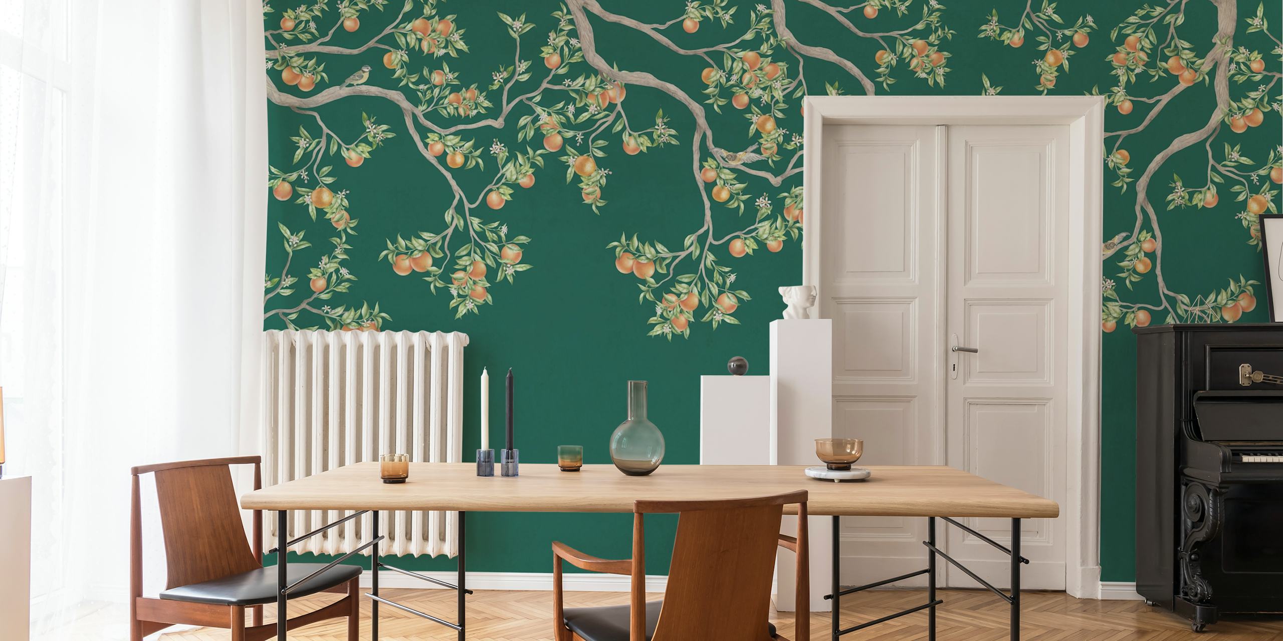 Dark emerald background with sprawling tangerine blossom pattern wall mural.