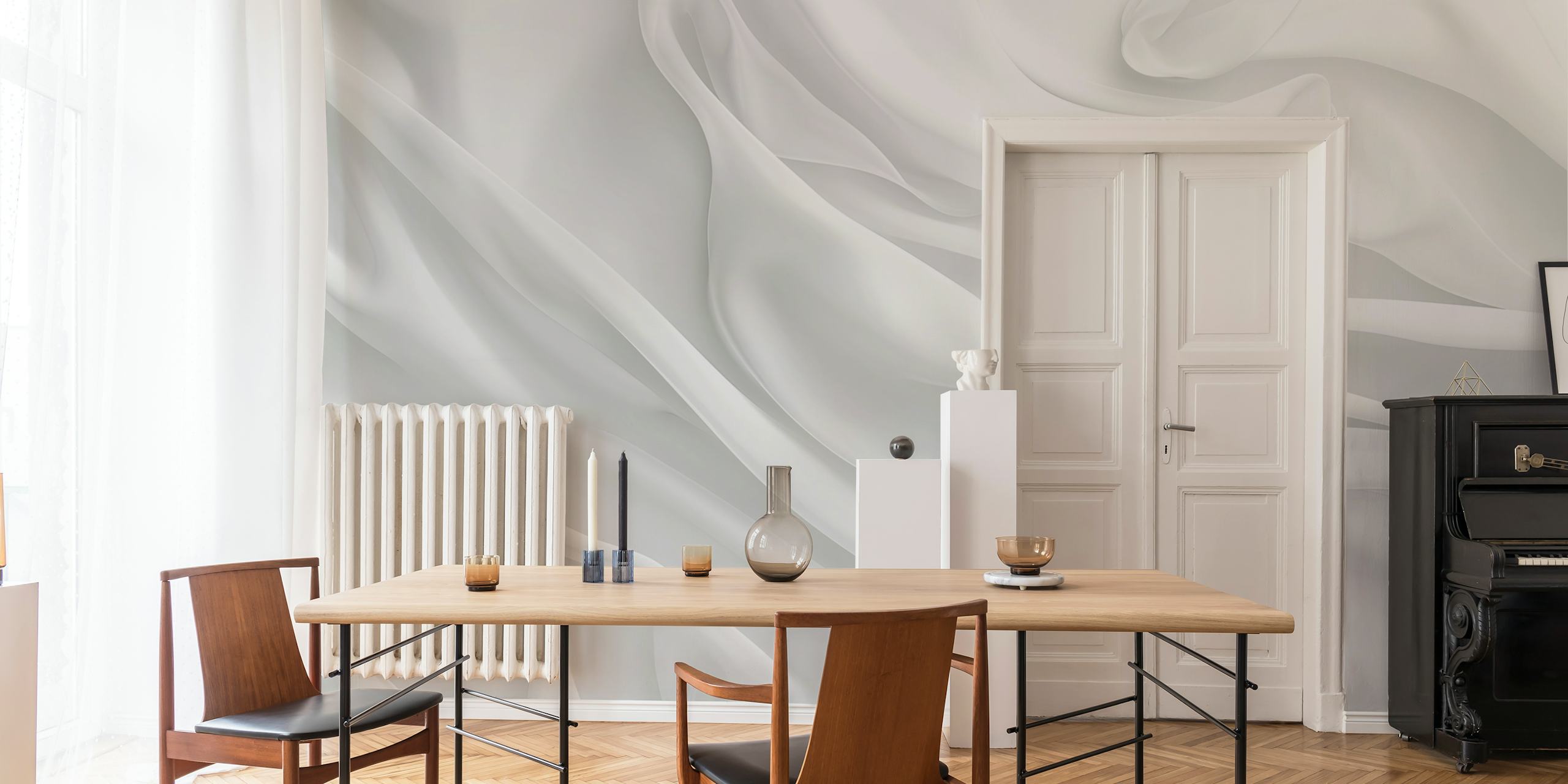 Soft white silk texture wallpaper with smooth flowing lines