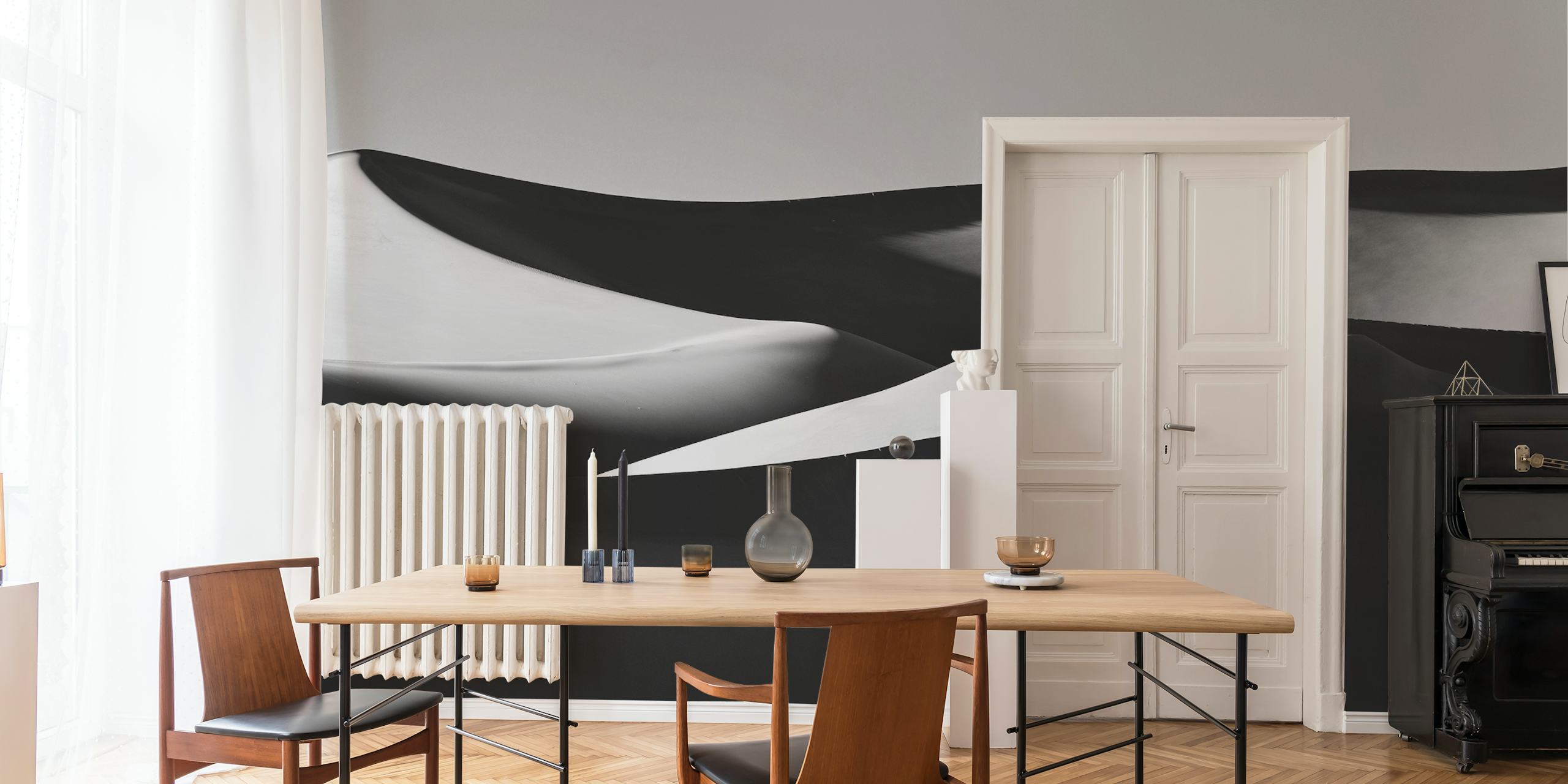 Black and white wallpaper design with dunes.