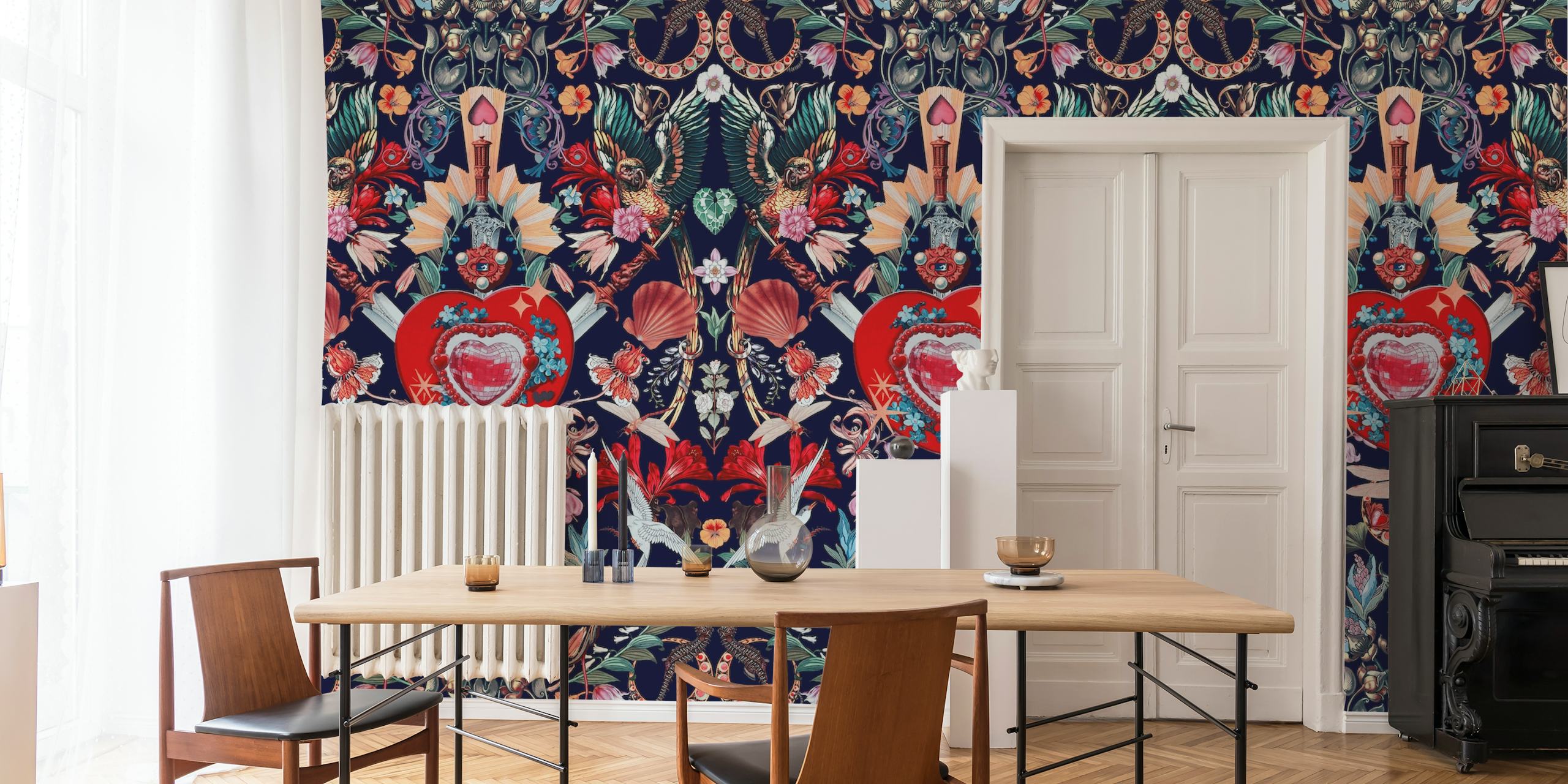 Floral heart pattern in vibrant colors on navy background wallpaper