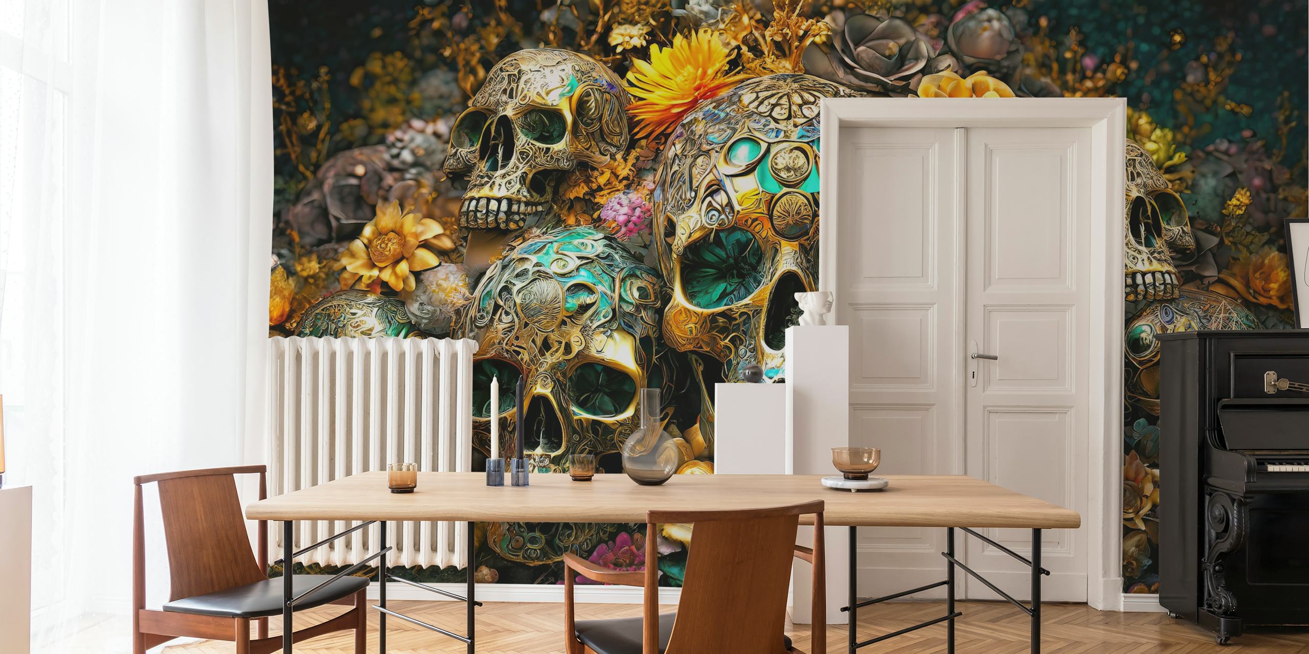 Día de Muertos wall mural featuring decorated skulls and marigolds