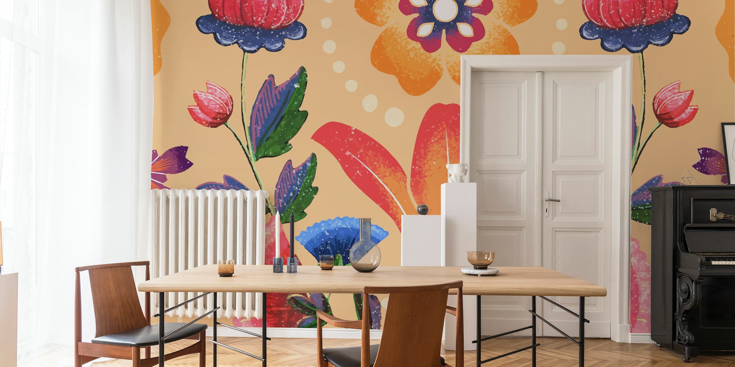 Colorful floral patterns with pink, blue, and orange hues wallpaper
