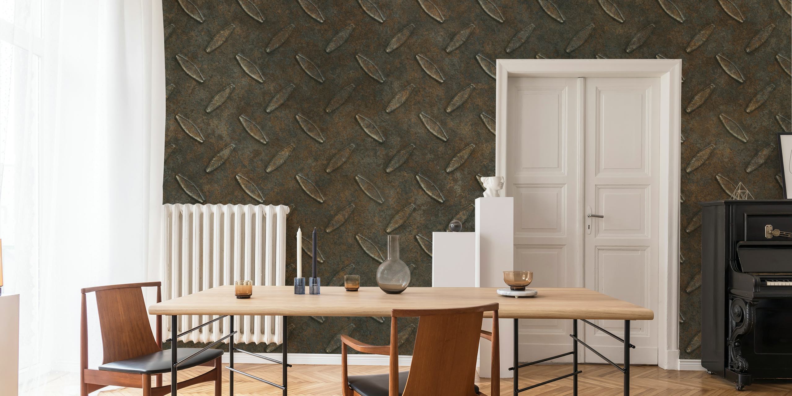 Rusty diamond plate texture in brown and gray wallpaper