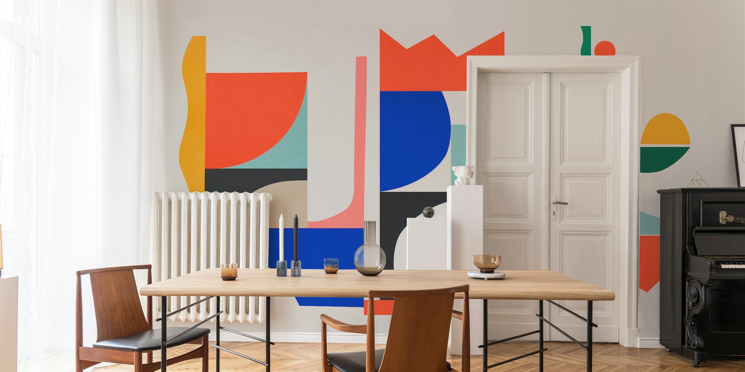 Colorful abstract geometric shapes in blue, red, yellow, and green wallpaper