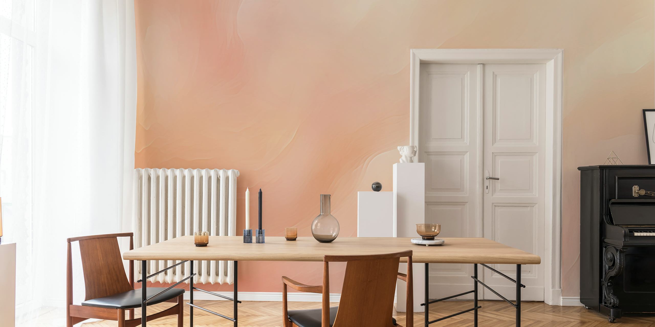 Fotomural de pared con diseño fluido y abstracto en tonos melocotón pastel y rosa suave