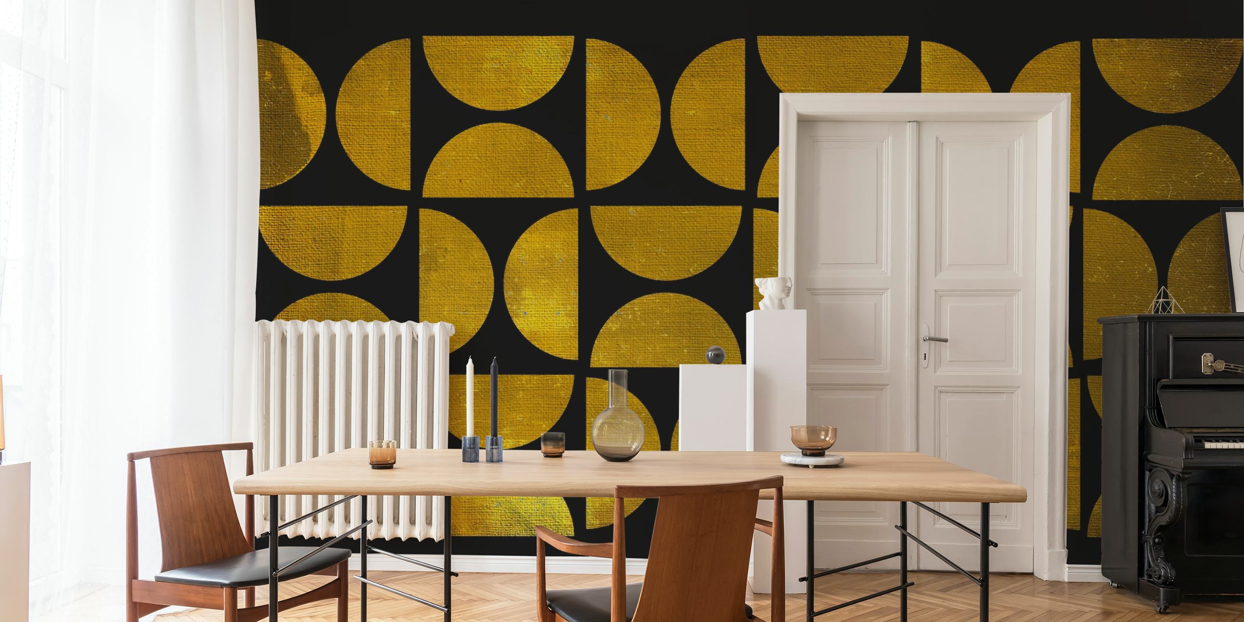 Geometric gold shapes on a black background wall mural
