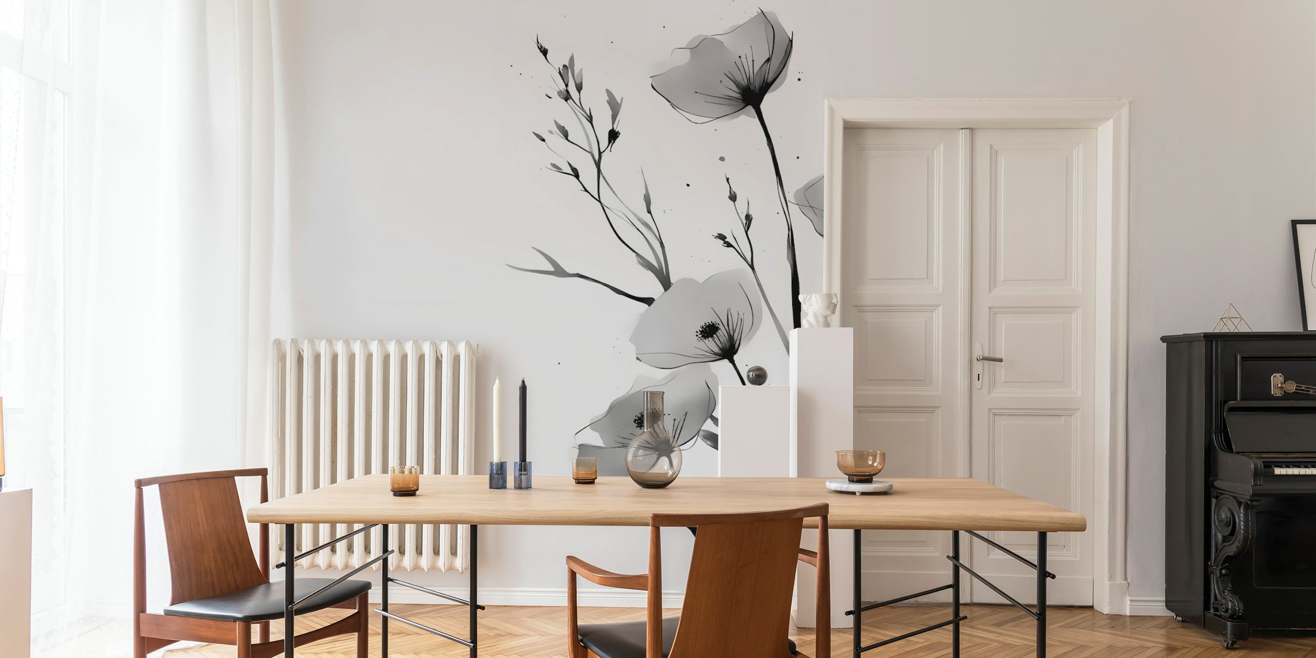 Black and white flowers with delicate stems in an artistic style wallpaper
