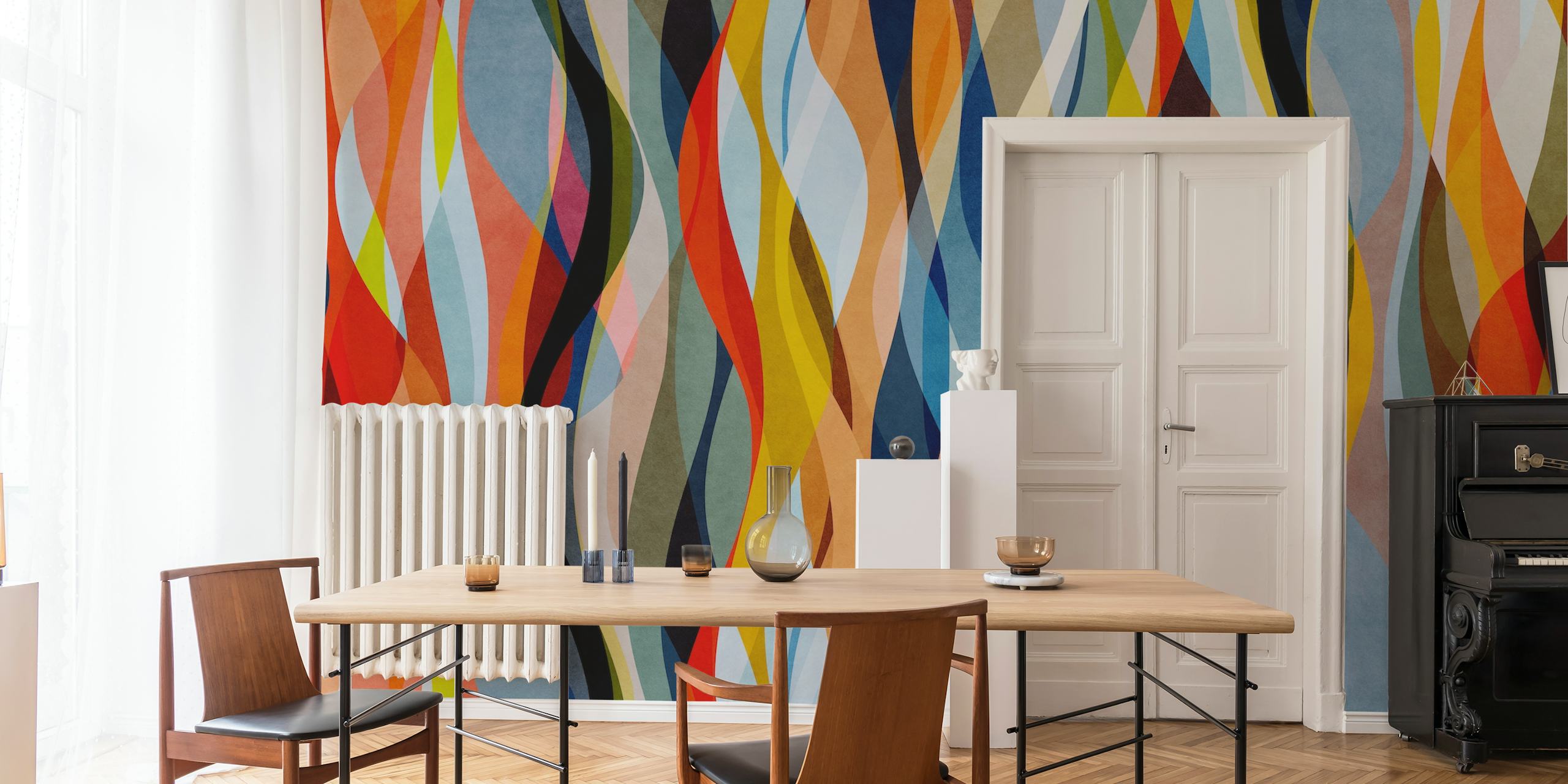 Sinuous and overlapping shapes wallpaper in a room