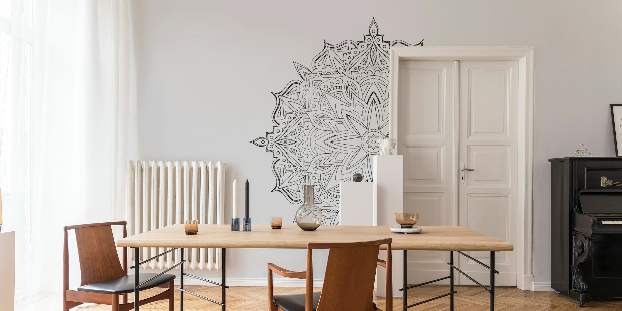 Mandala papel de parede preto e branco em um quarto