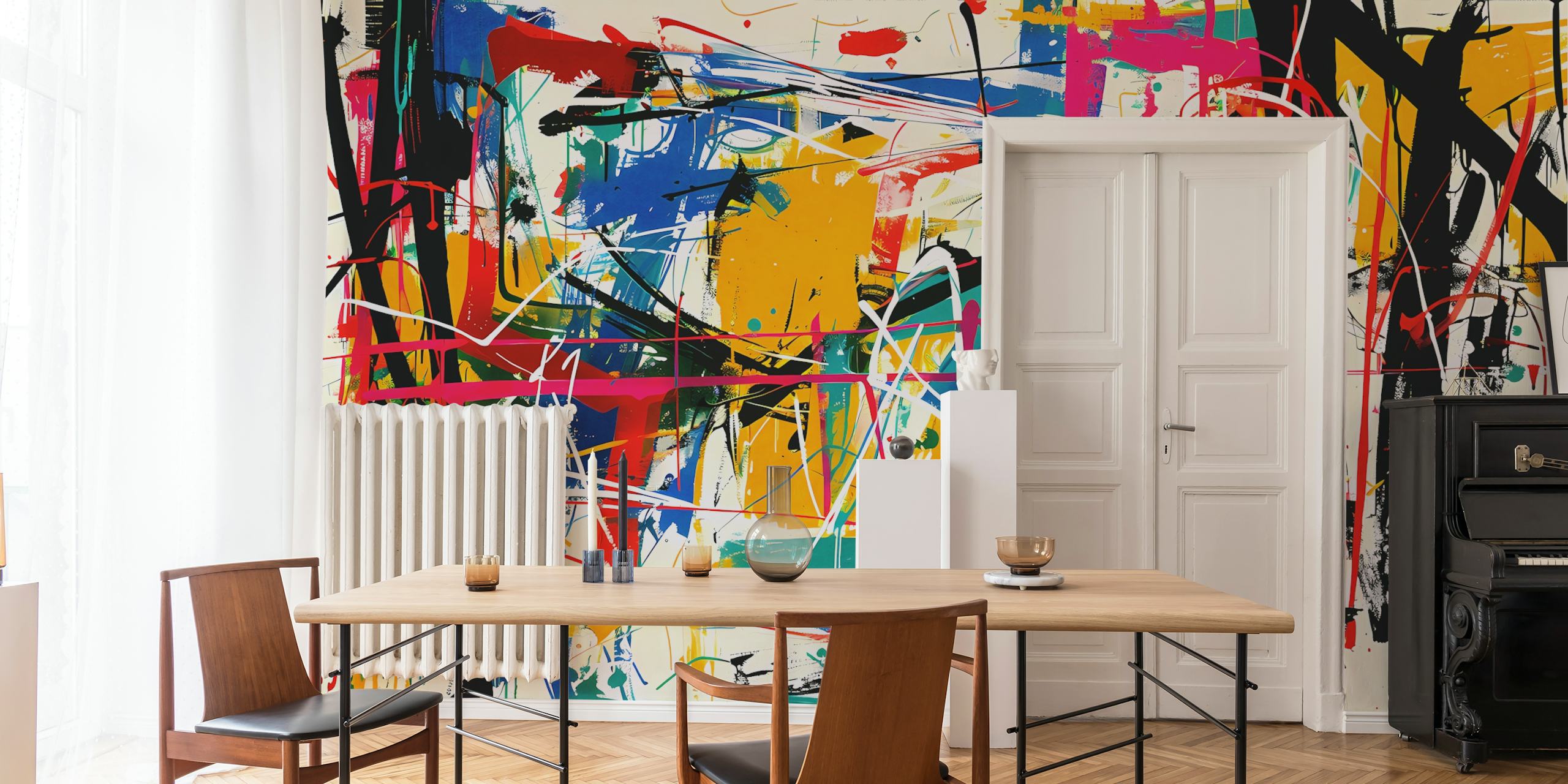 Πολύχρωμη τοιχογραφία σε στυλ street art με αφηρημένα στοιχεία γκράφιτι