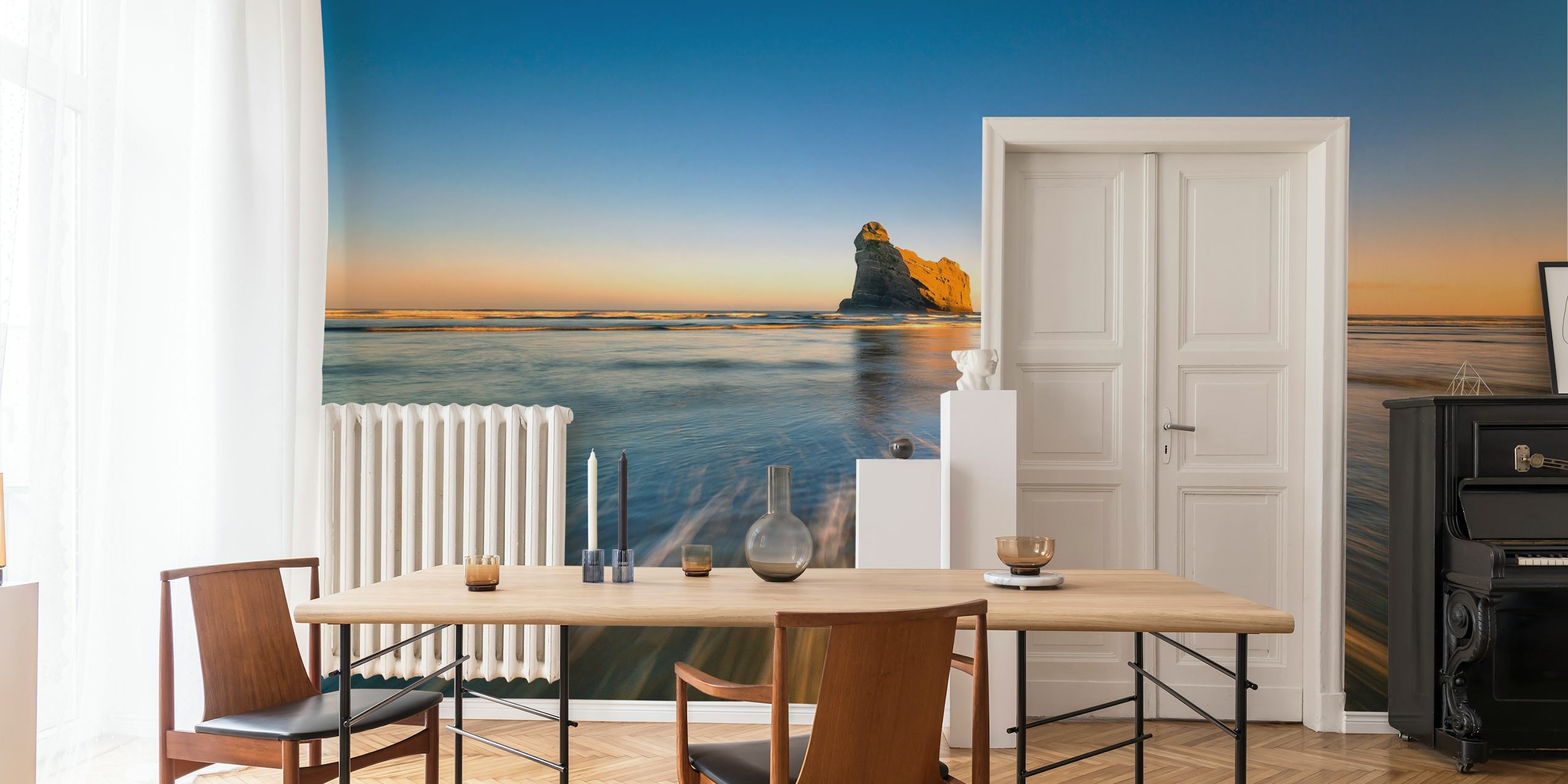 Wharaiki Beach Wandbild mit Sonnenuntergang und Felsformationen