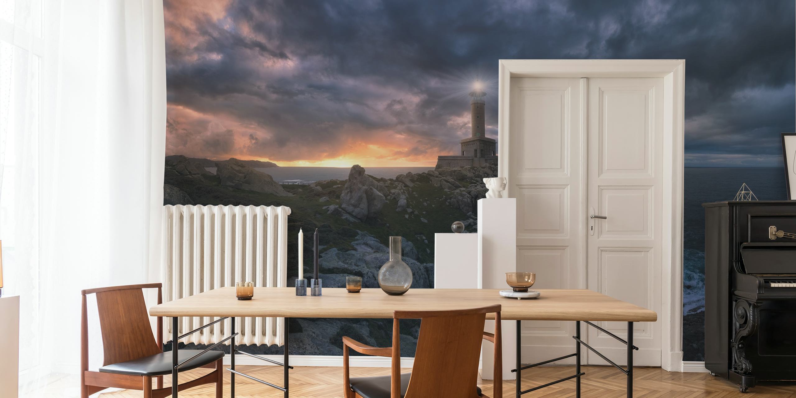 Lighthouse on a cliff wall mural with ocean and twilight sky