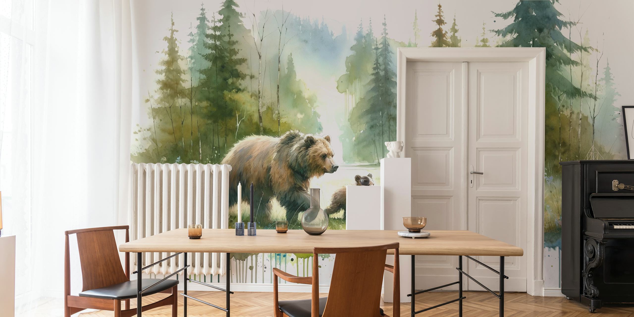 Aquarell-Wandbild einer Bärenfamilie, die durch einen Wald spaziert