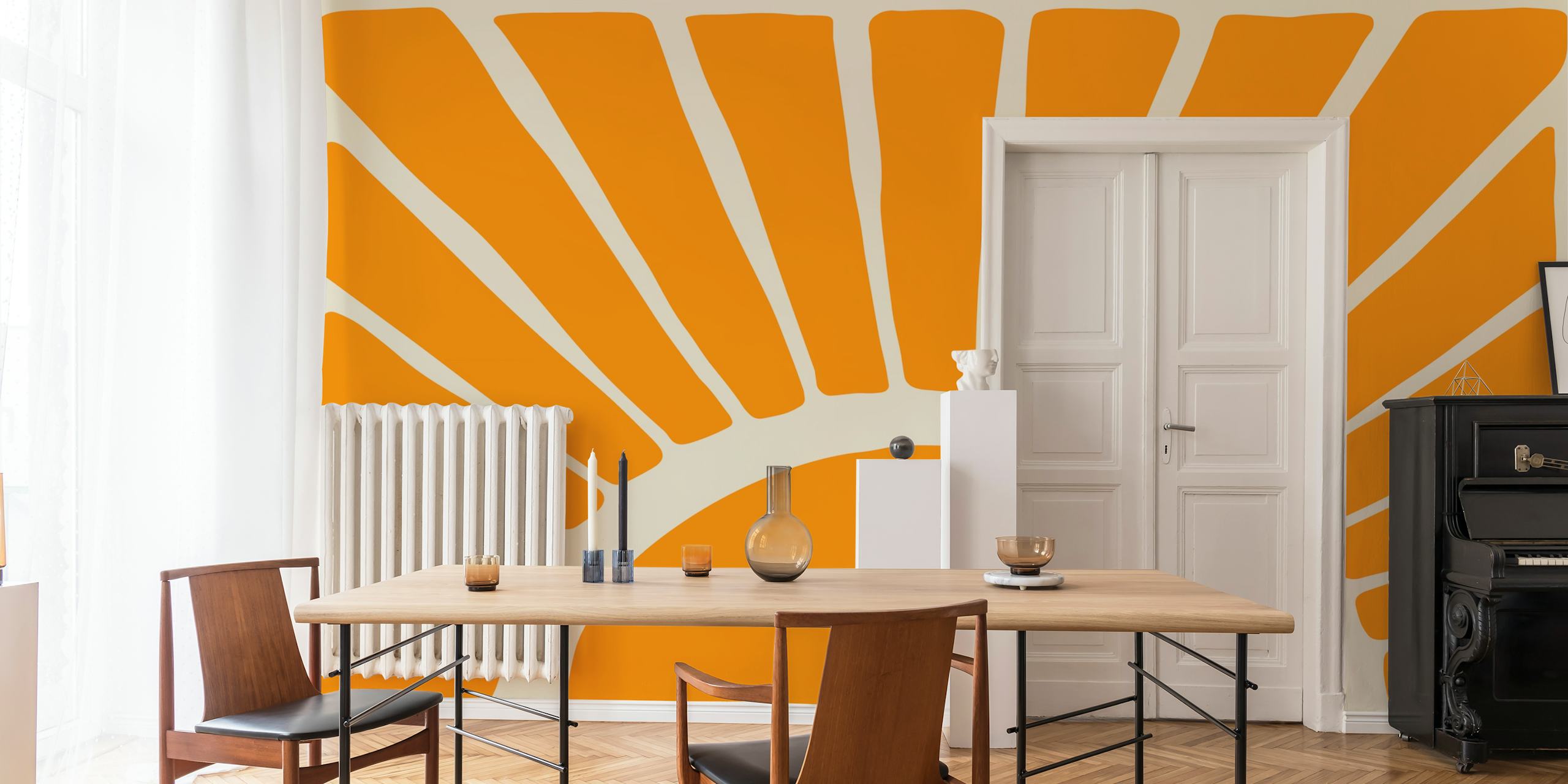 Kräftiges, orange- und cremefarbenes, modernes Wandbild mit abstrakten Ausschnitten, das Wärme und Kreativität darstellt.