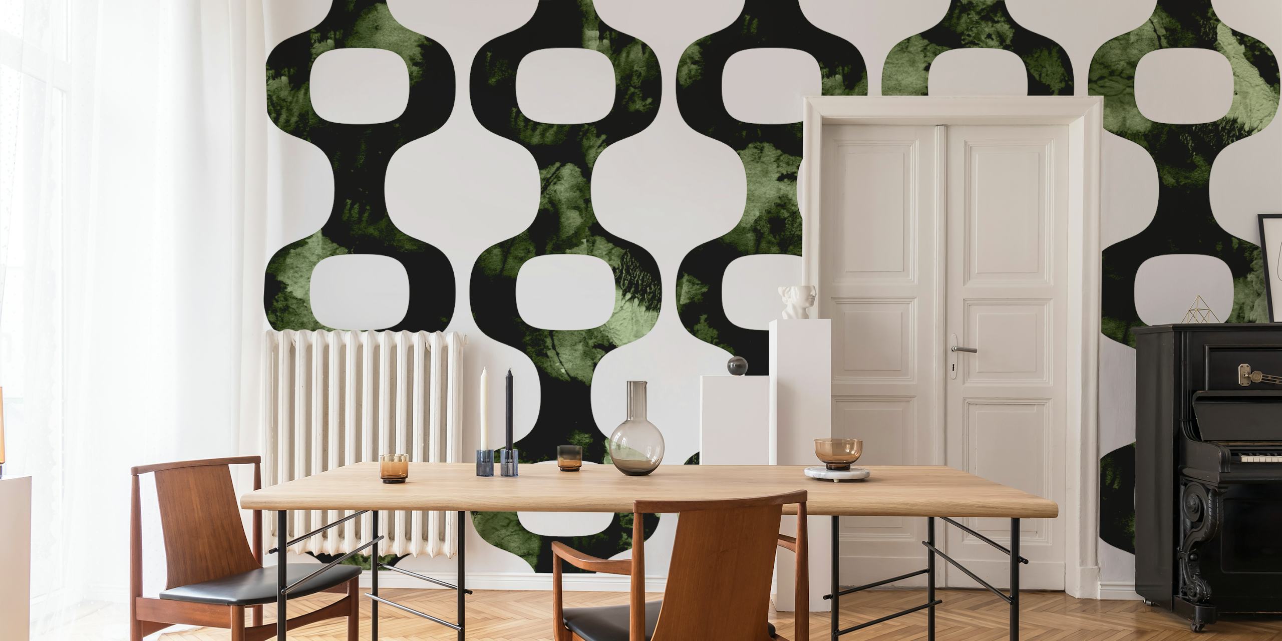 Retro-style wall mural with 70s geometric patterns and vibrant green hues.