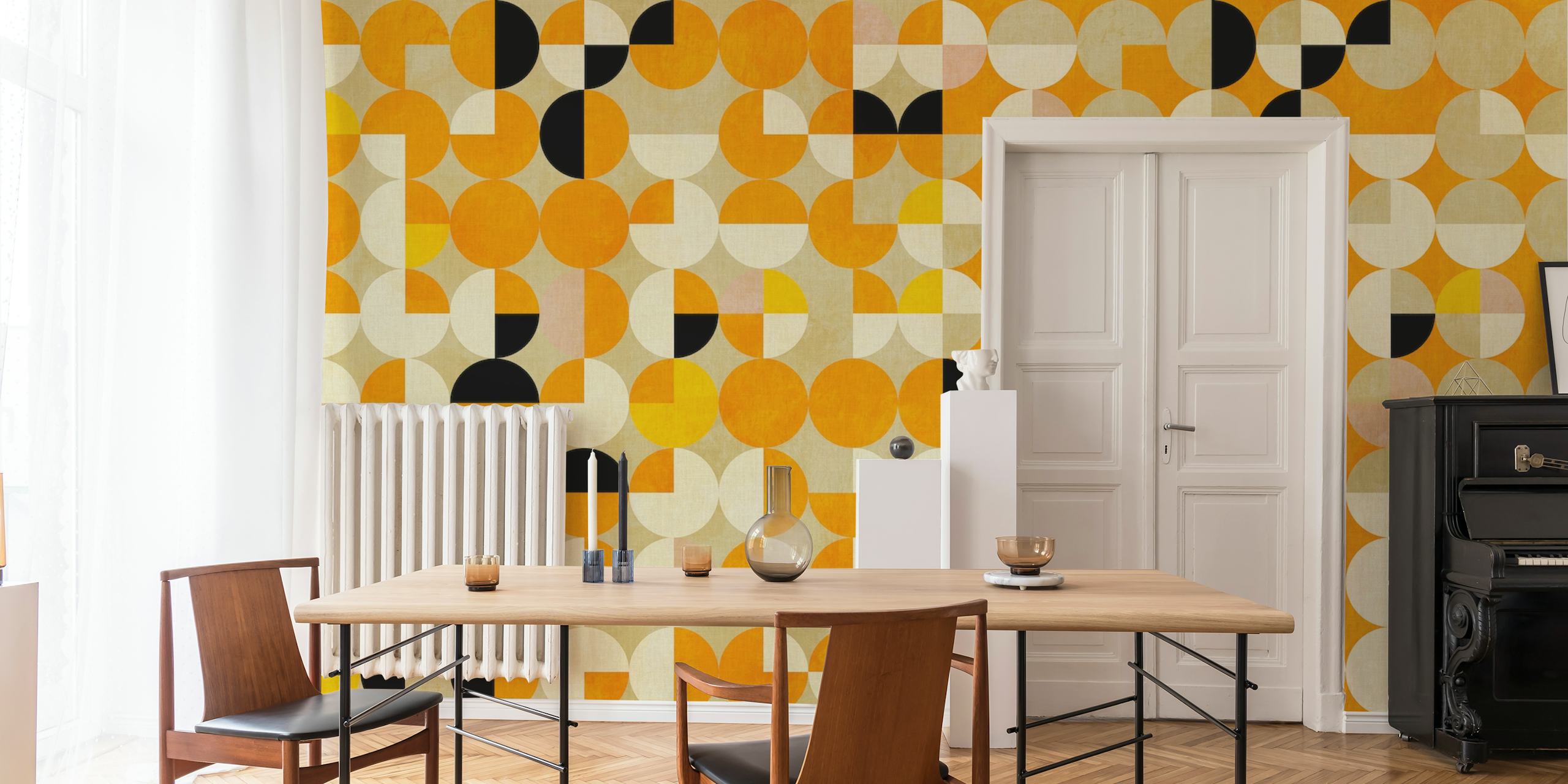 Geometric circles in yellow, black, and beige colors mid century wallpaper