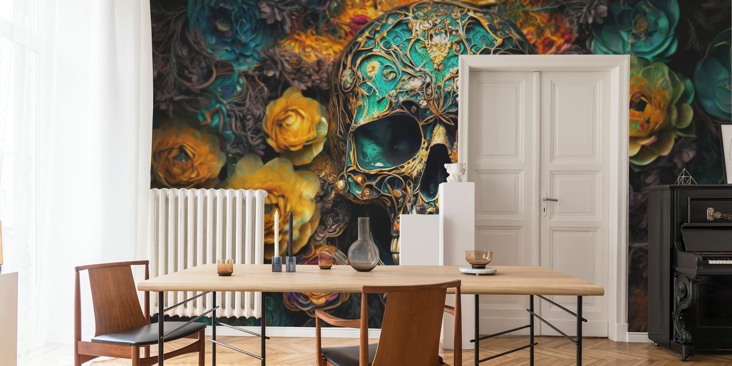 Decorative skull framed by colorful flowers in teal and yellow wallpaper