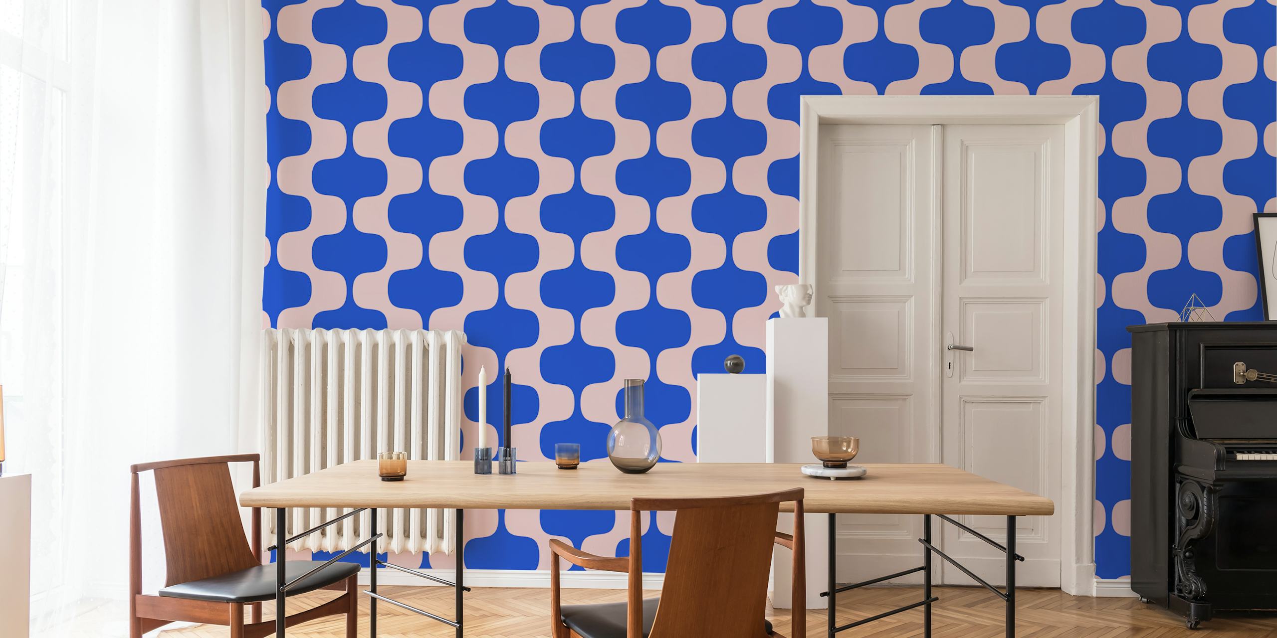 Blue wavy stripes wallpaper in a vintage style