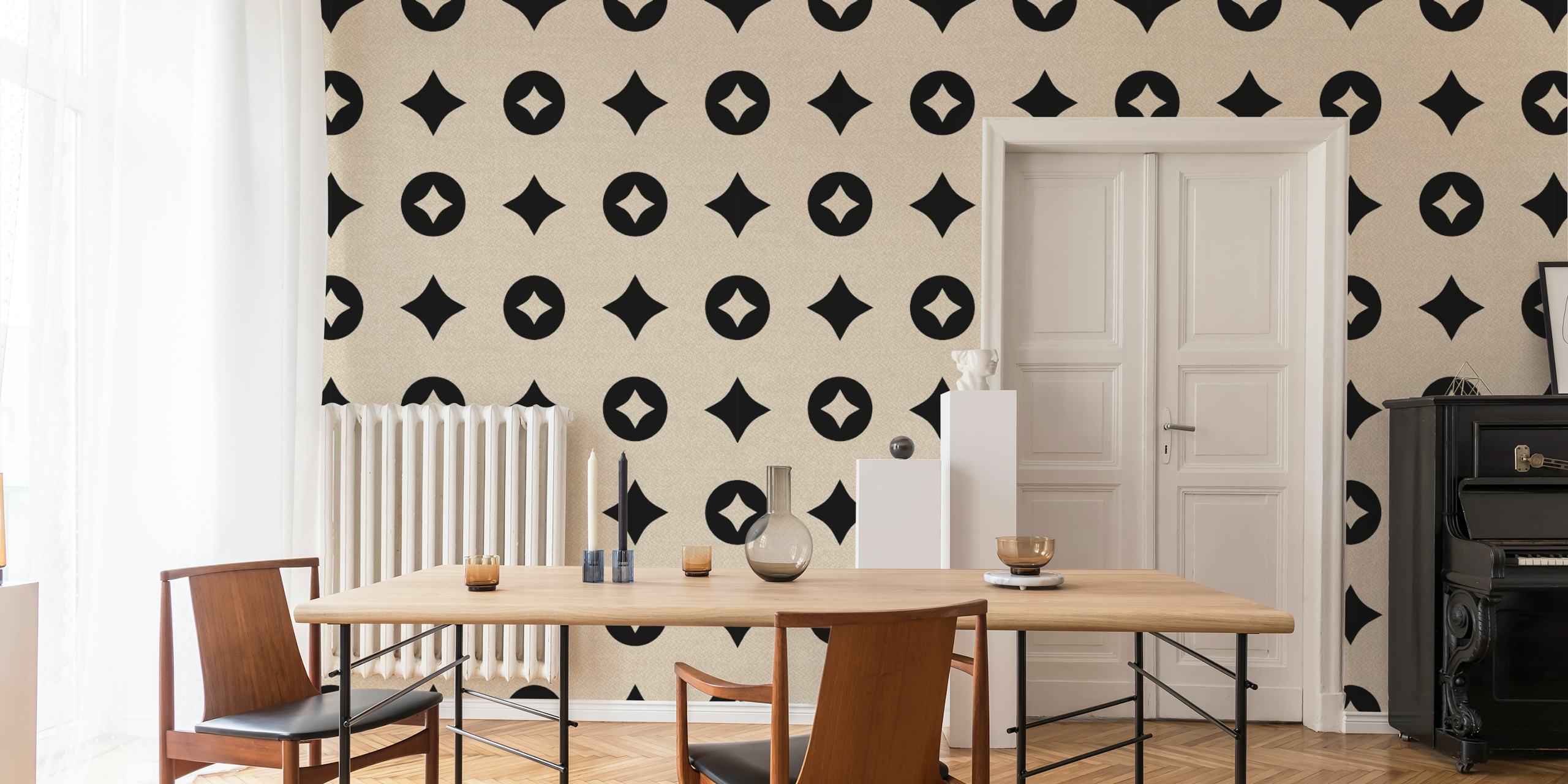Tan black geometric starburst pattern wallpaper