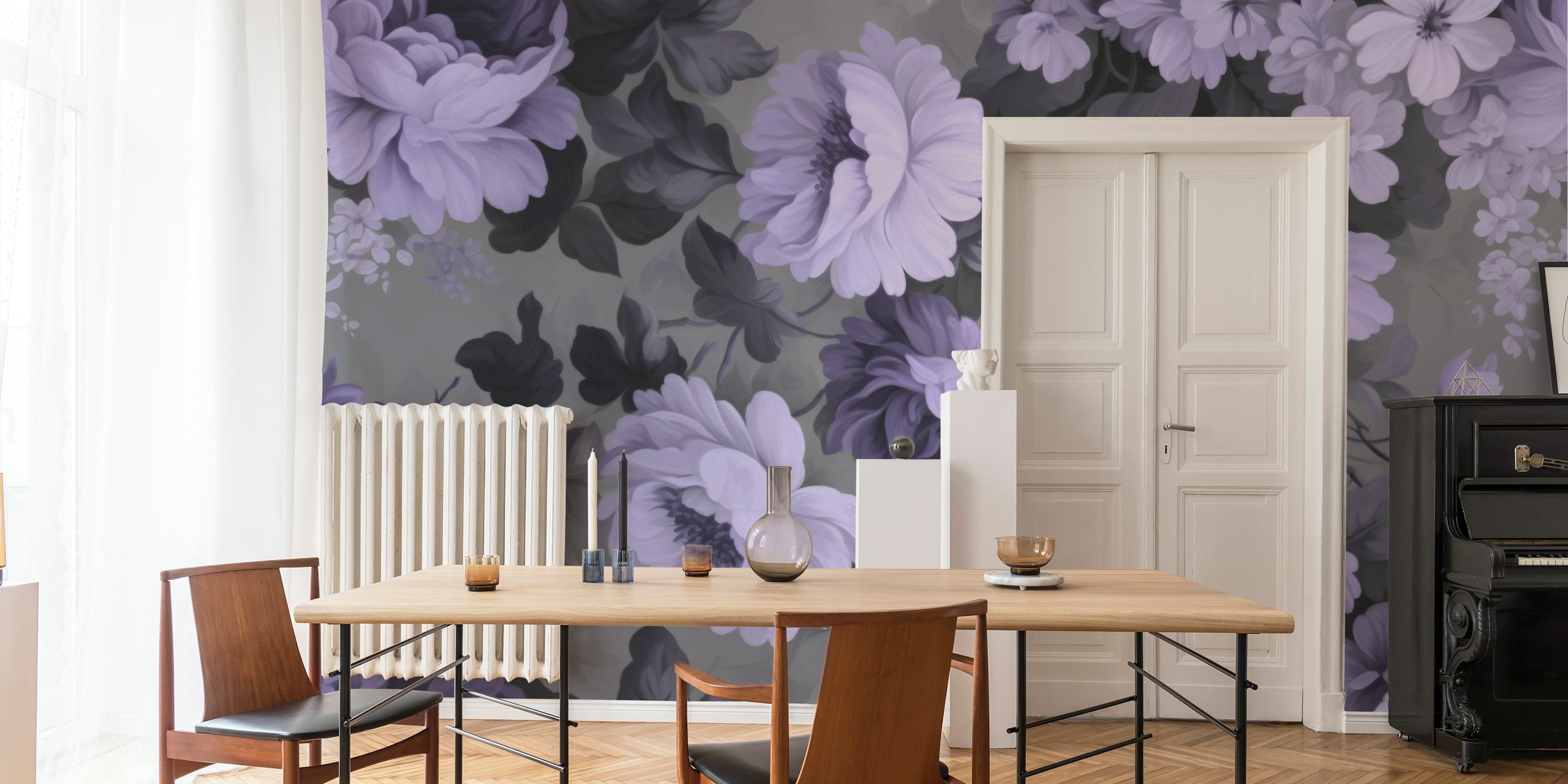 Purple floral wallpaper featuring various flowers and leaves in shades of purple and gray