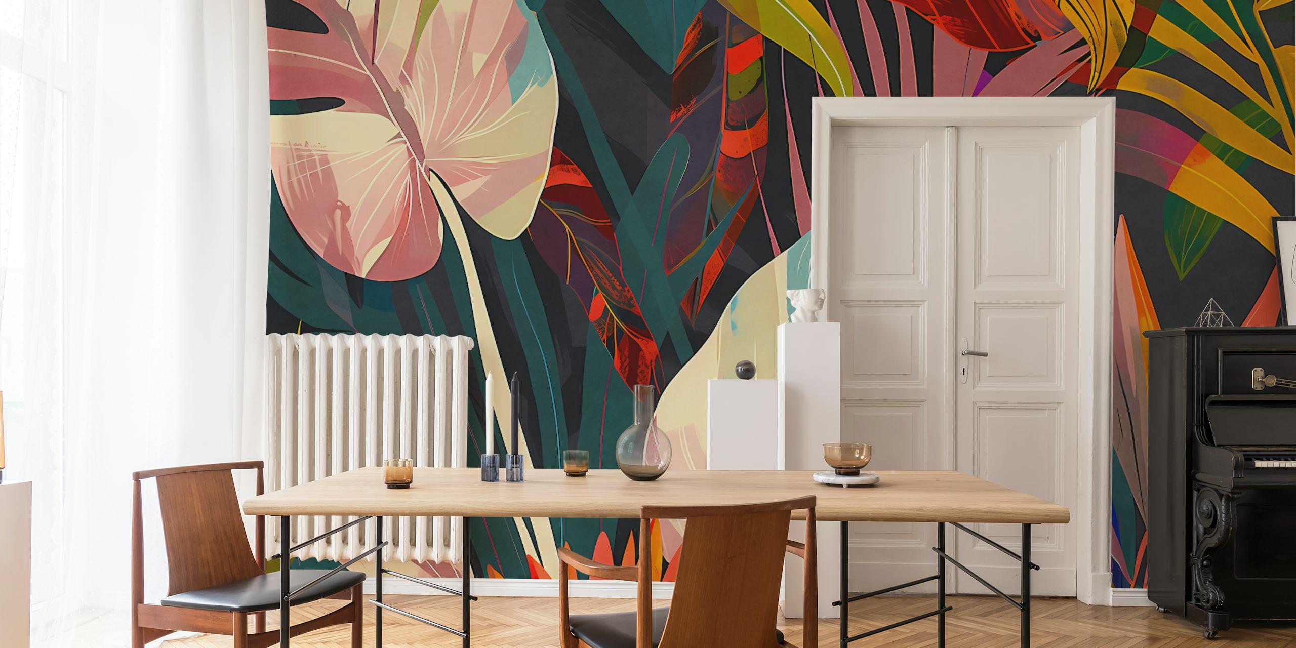 Tropical foliage design featuring colorful leaves on dark background wallpaper