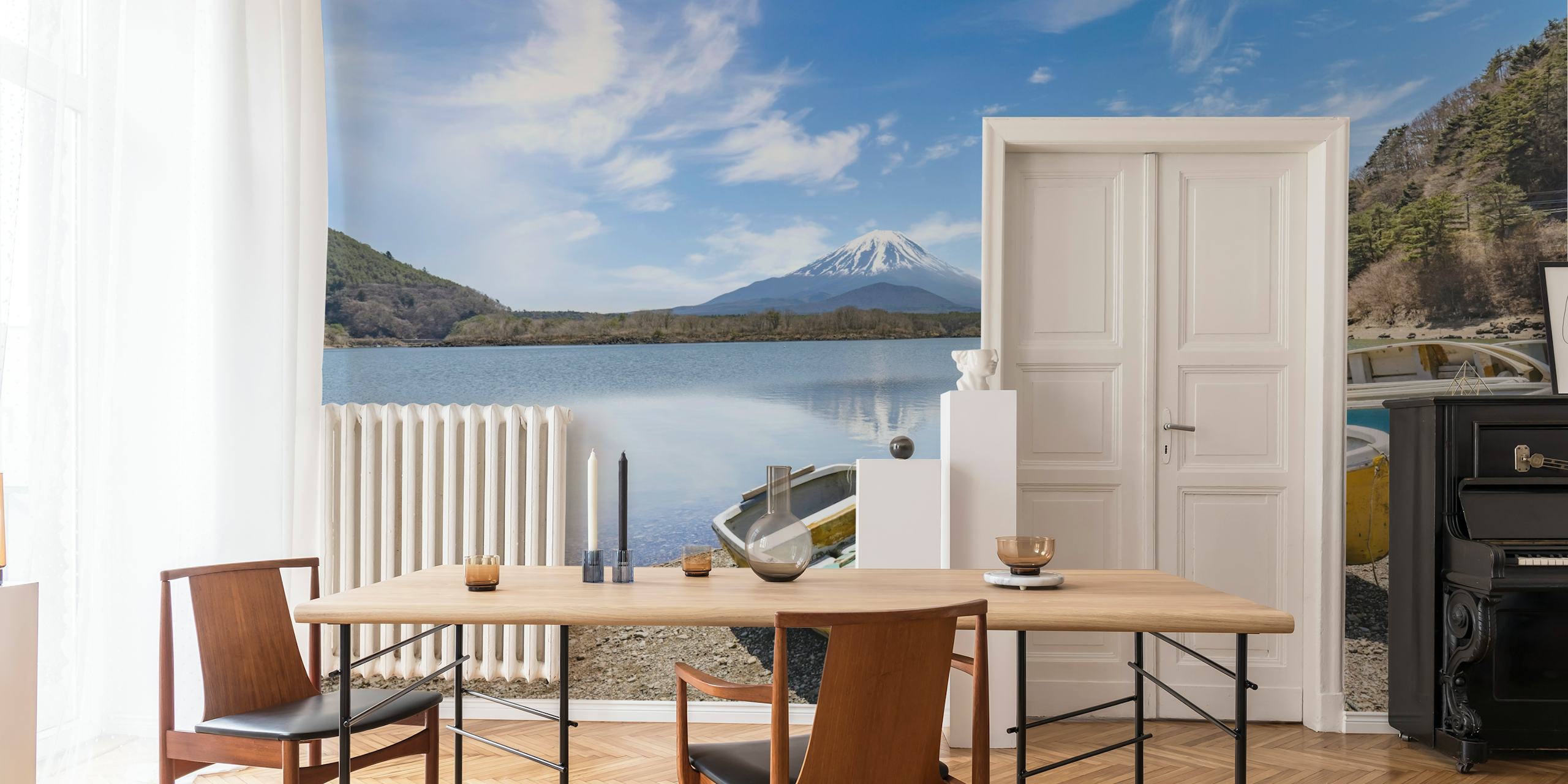 Mountain lake with boats and Mount Fuji in background wallpaper