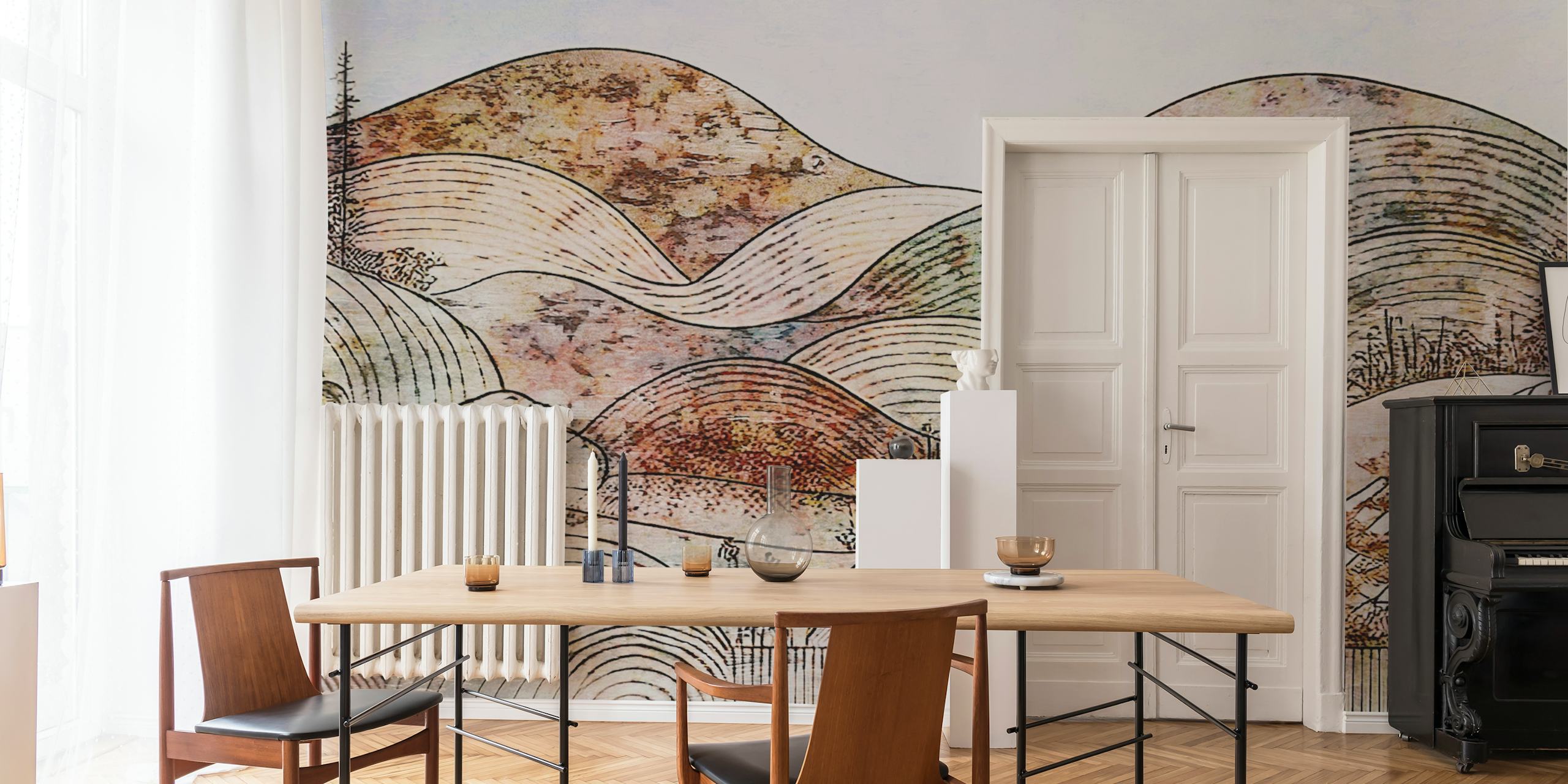 Antique Japandi Sunrise Mountains carta da parati in una stanza