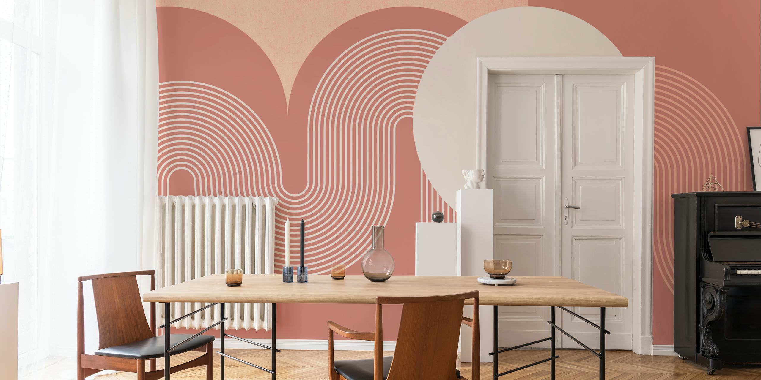 Boho rainbow arch line art with curved lines and circles in warm colors wallpaper