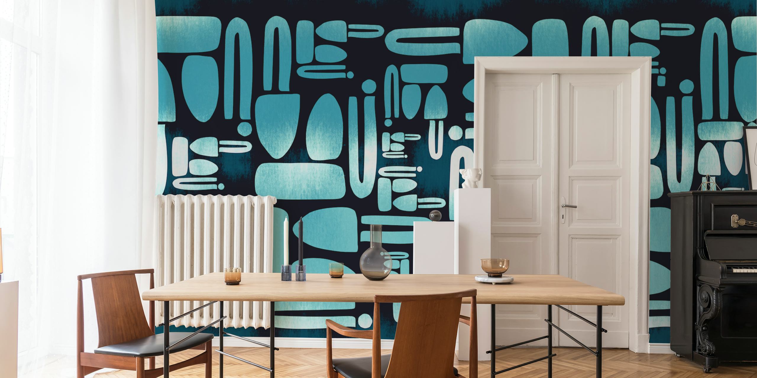 Mid-Century geometric aqua shapes on dark background wallpaper