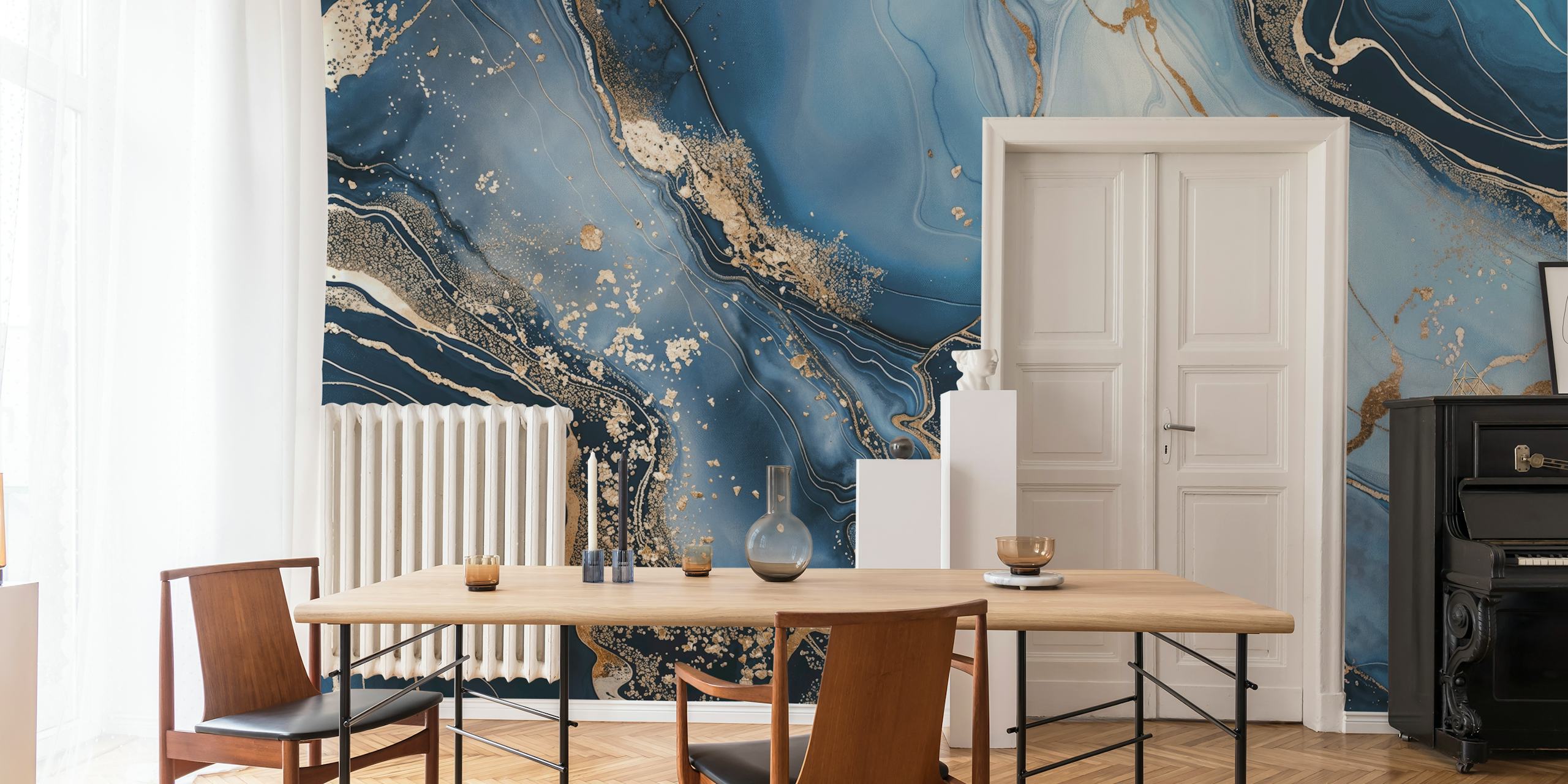 Luxurious blue and gold marble-patterned wall mural evoking elegance and high-end style
