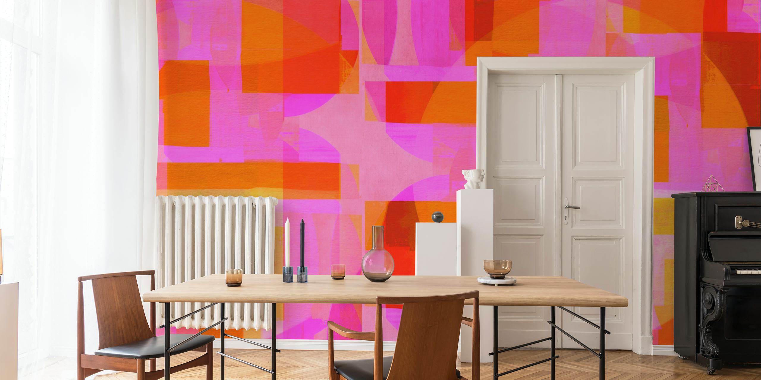 Abstract mid-century Bauhaus style wall mural with geometric shapes in vivid colors