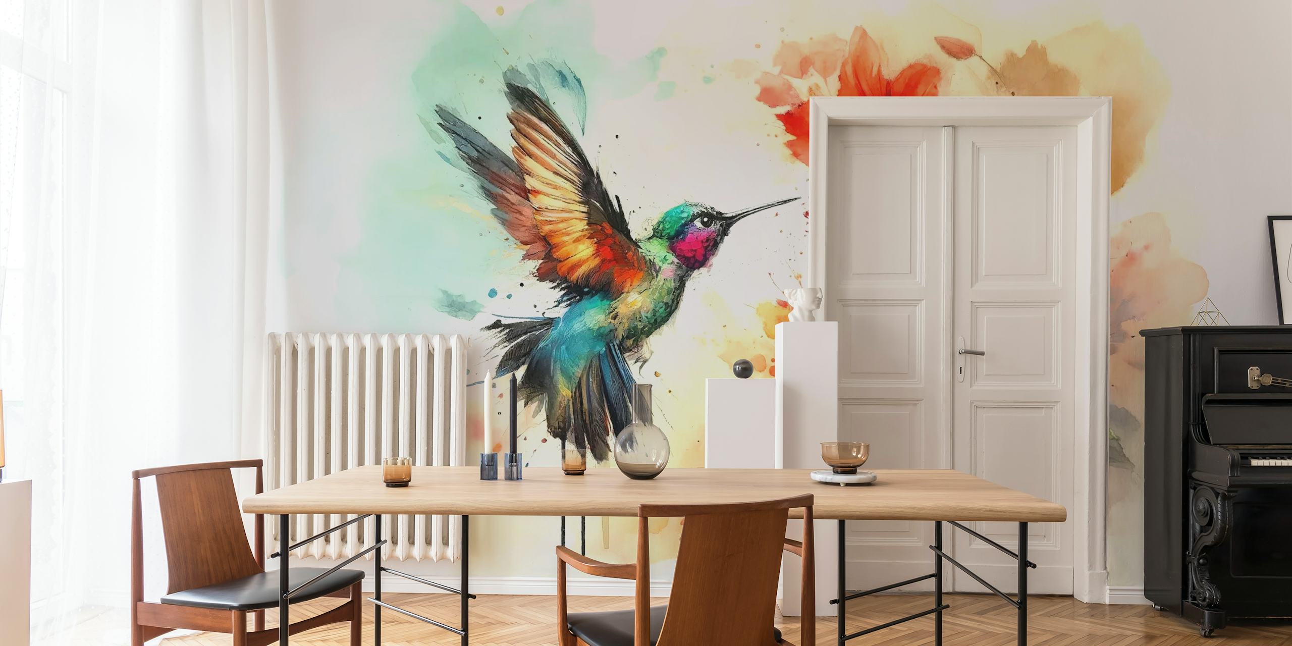 Hummingbird in der Nähe von roten Blumen