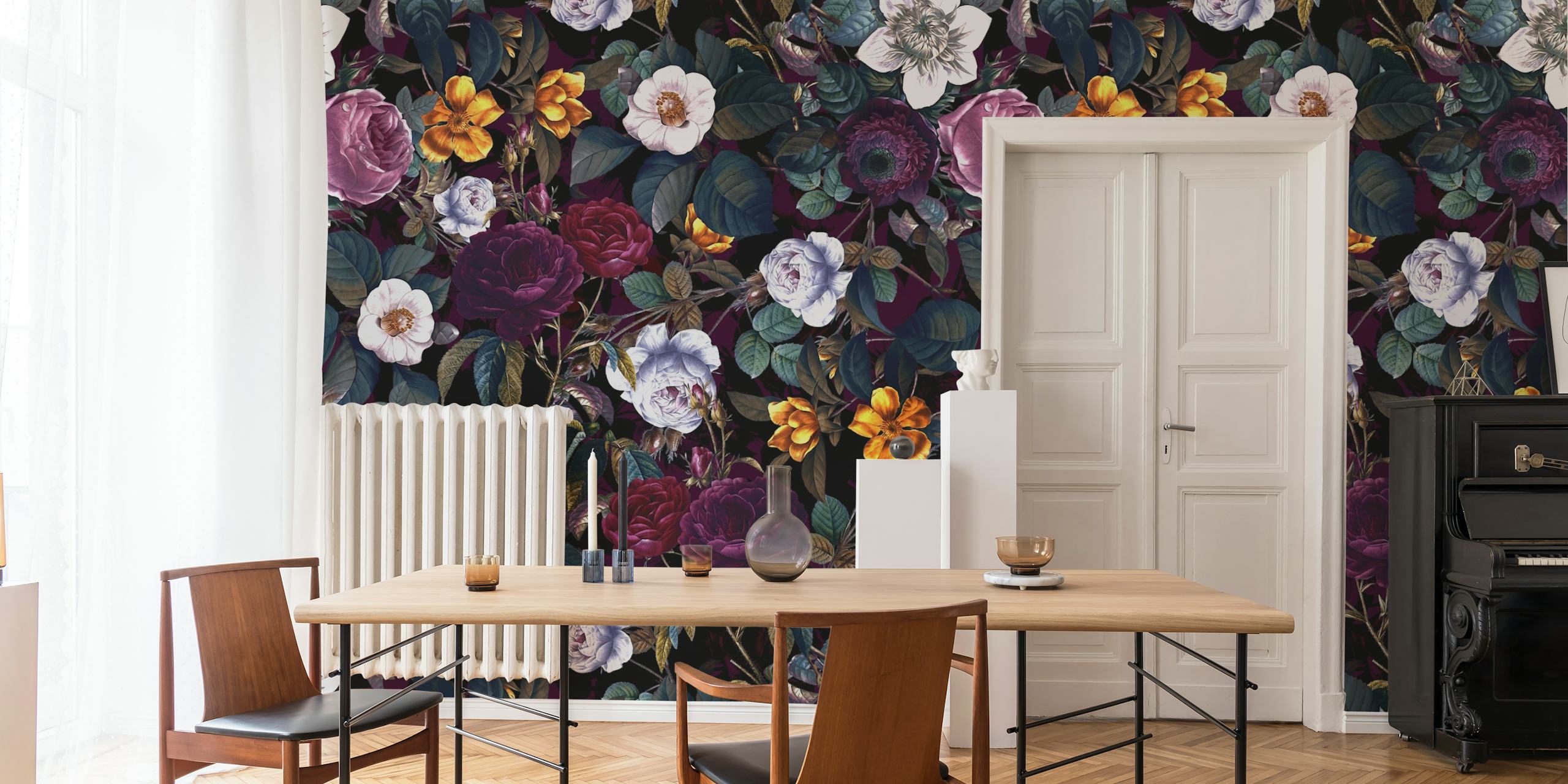 Dark floral wallpaper with peonies in purple, white, and gold hues