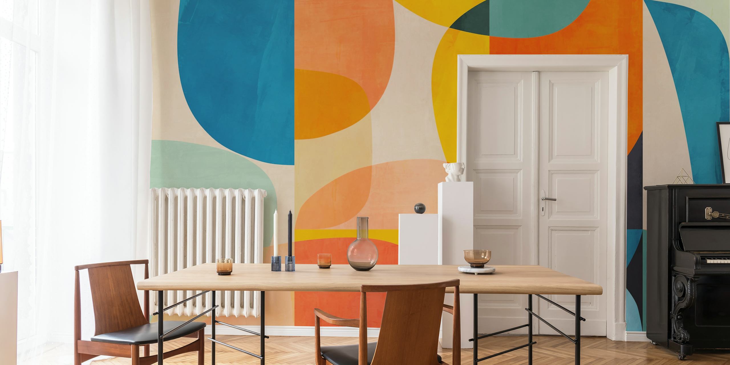 Colorful abstract geometric shapes in orange, teal, and soft pastels wallpaper