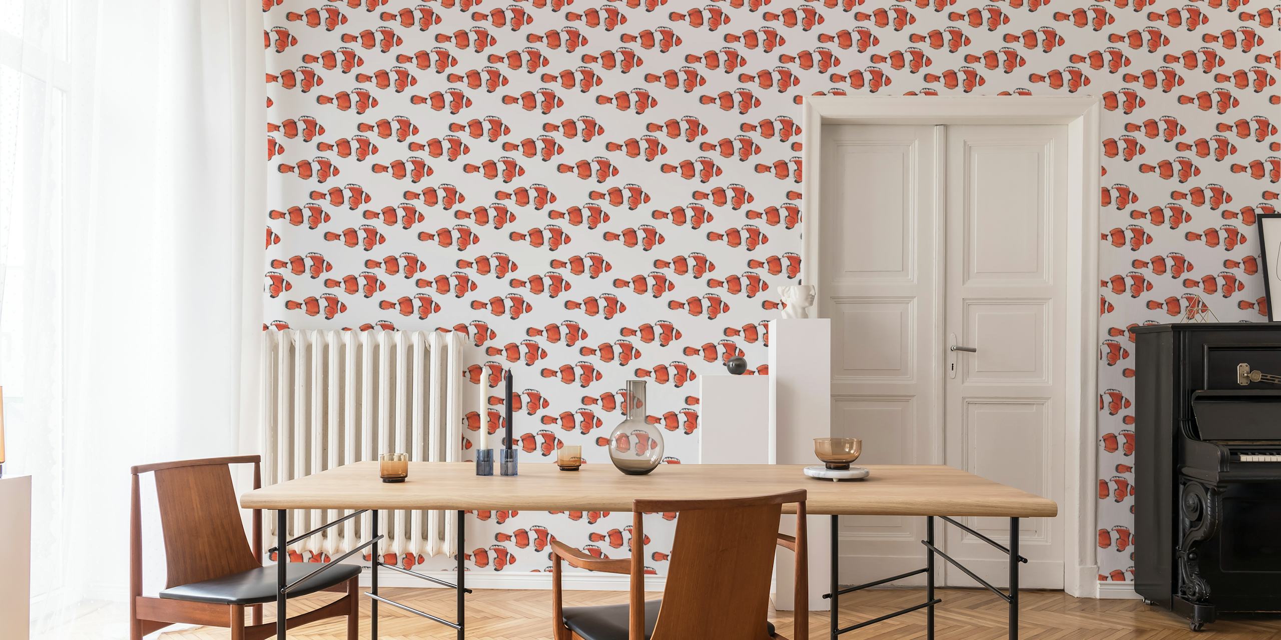 Repeated pattern of red fish on a white background wallpaper