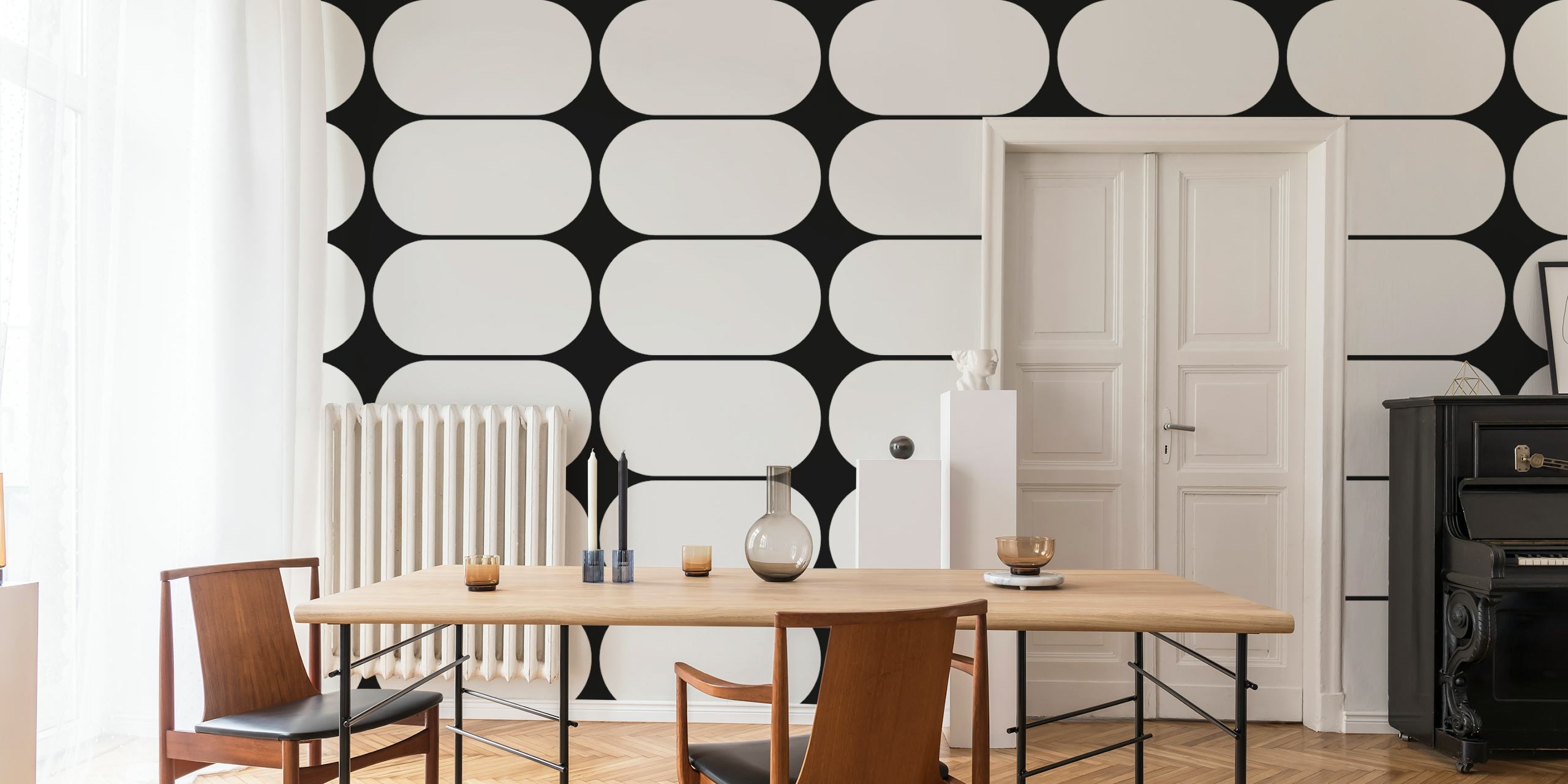 Black white minimal organic art wallpaper in a room