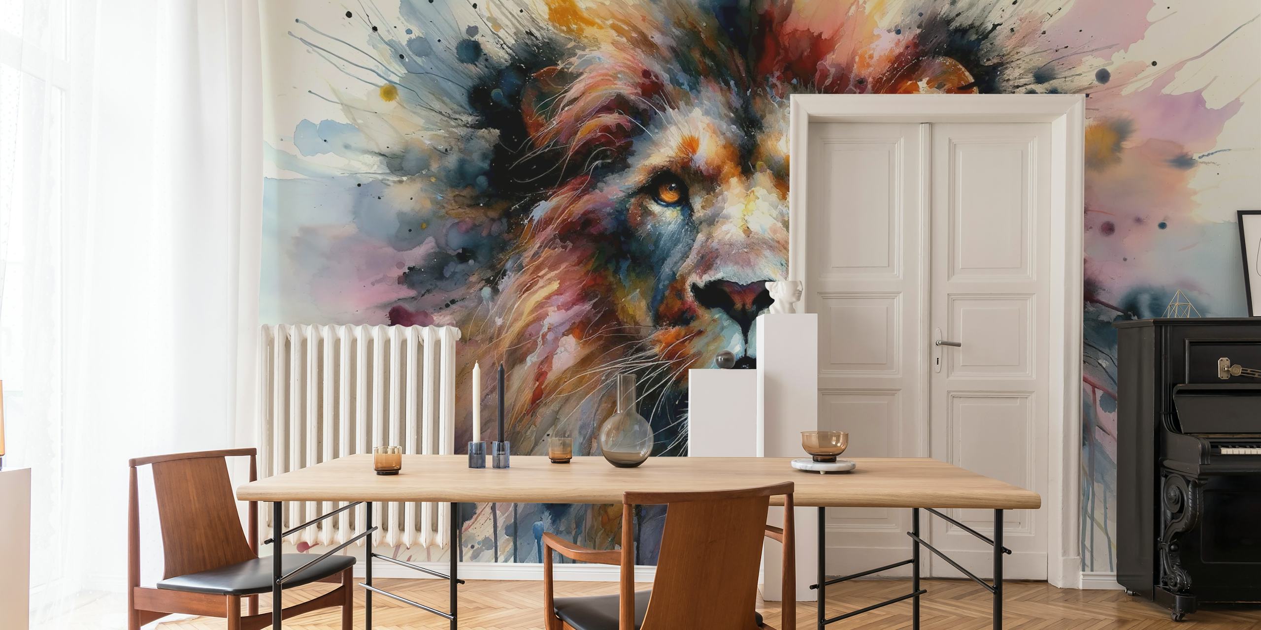 Akvarel løve vægmaleri i kunstnerisk stil