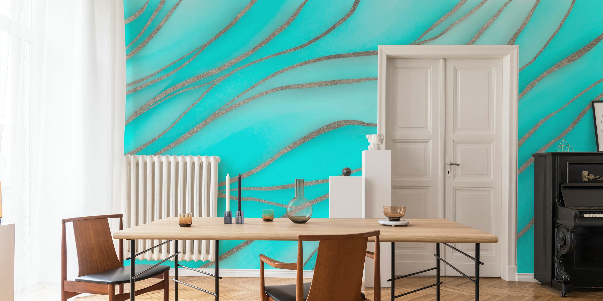 Wavy teal and silver watercolor pattern wallpaper