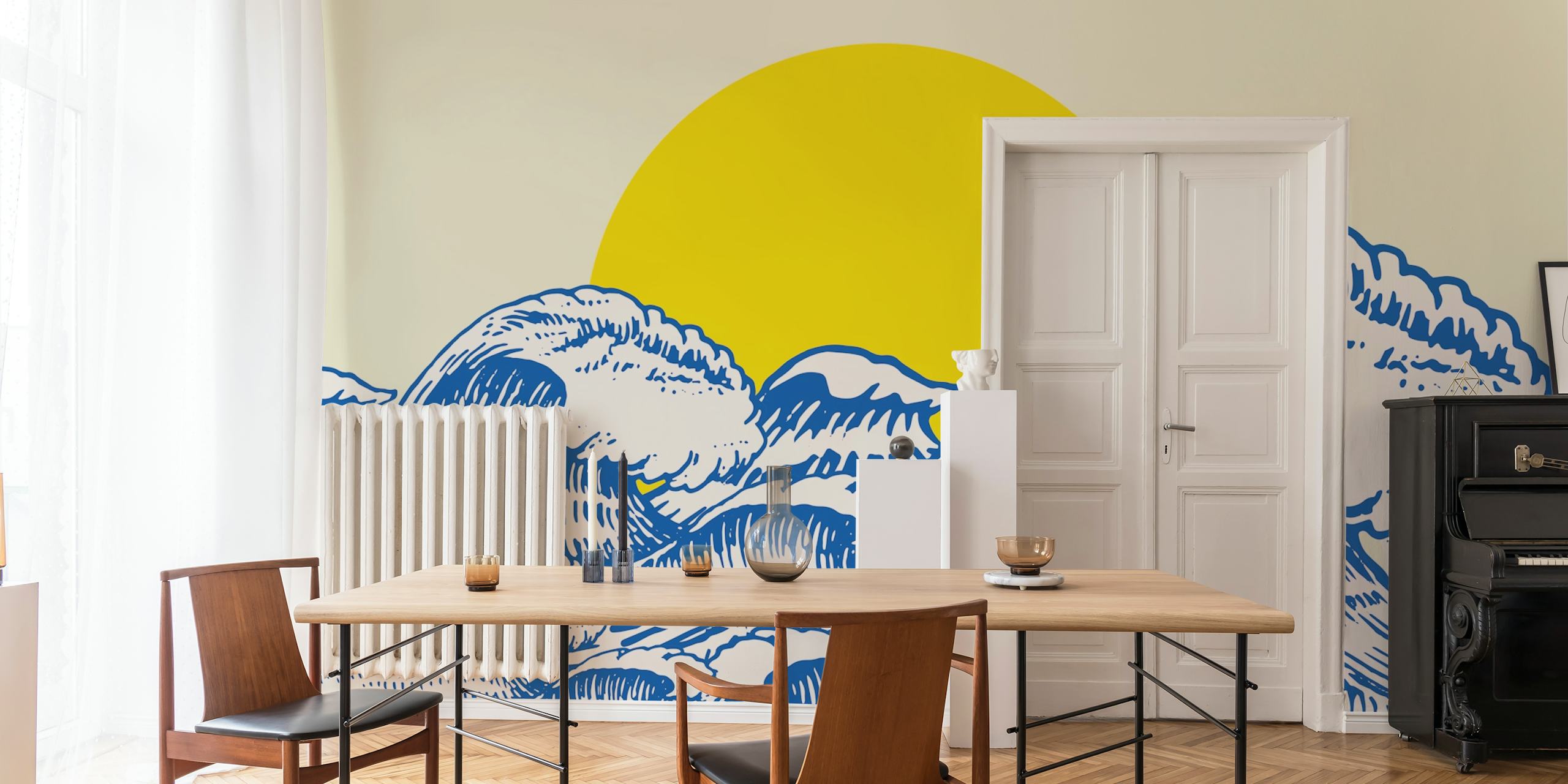 Ocean view with waves and a yellow sun wall mural
