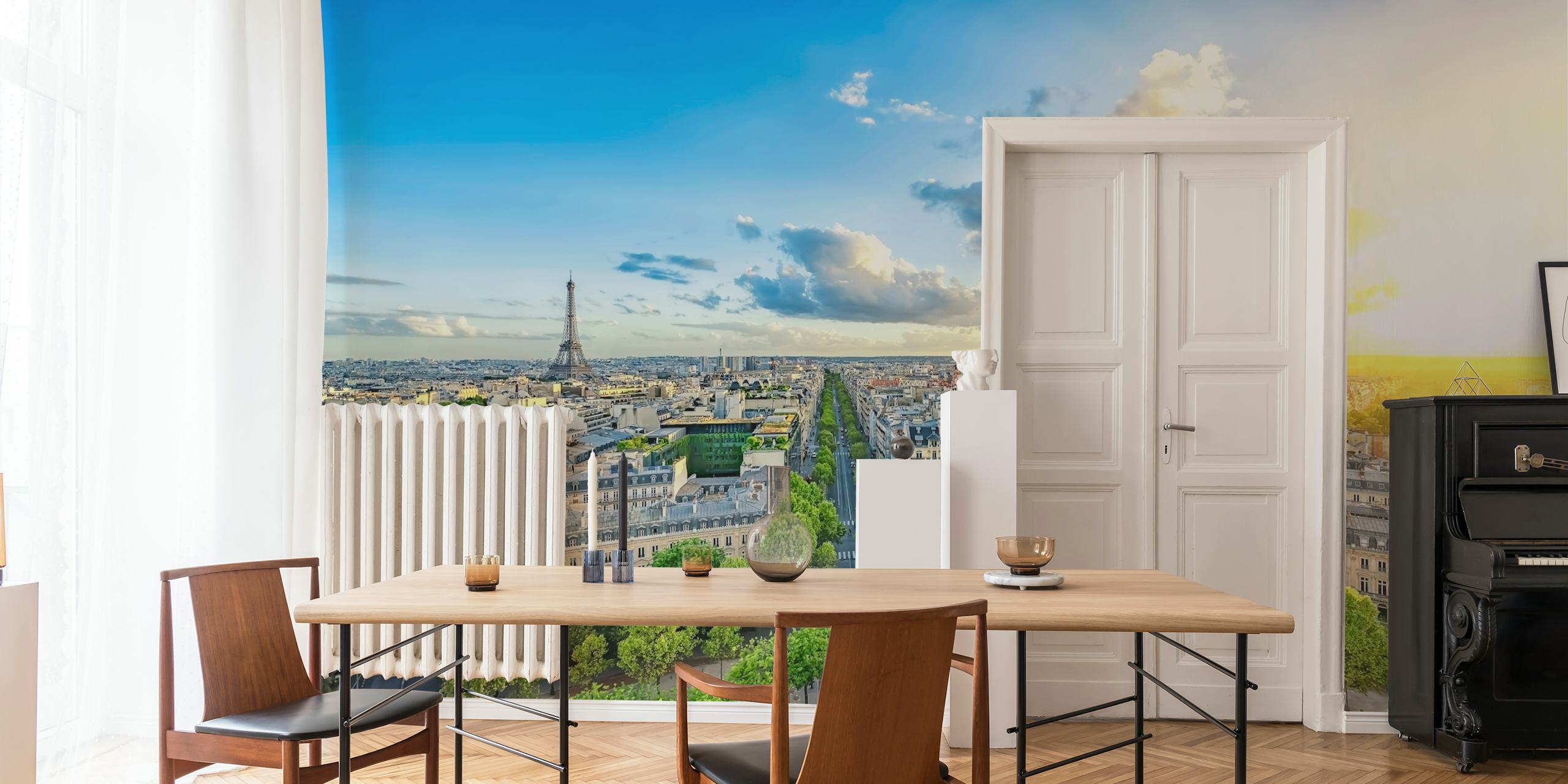 Mural de parede Noite em Paris com vista do pôr do sol da Torre Eiffel e do horizonte de Paris