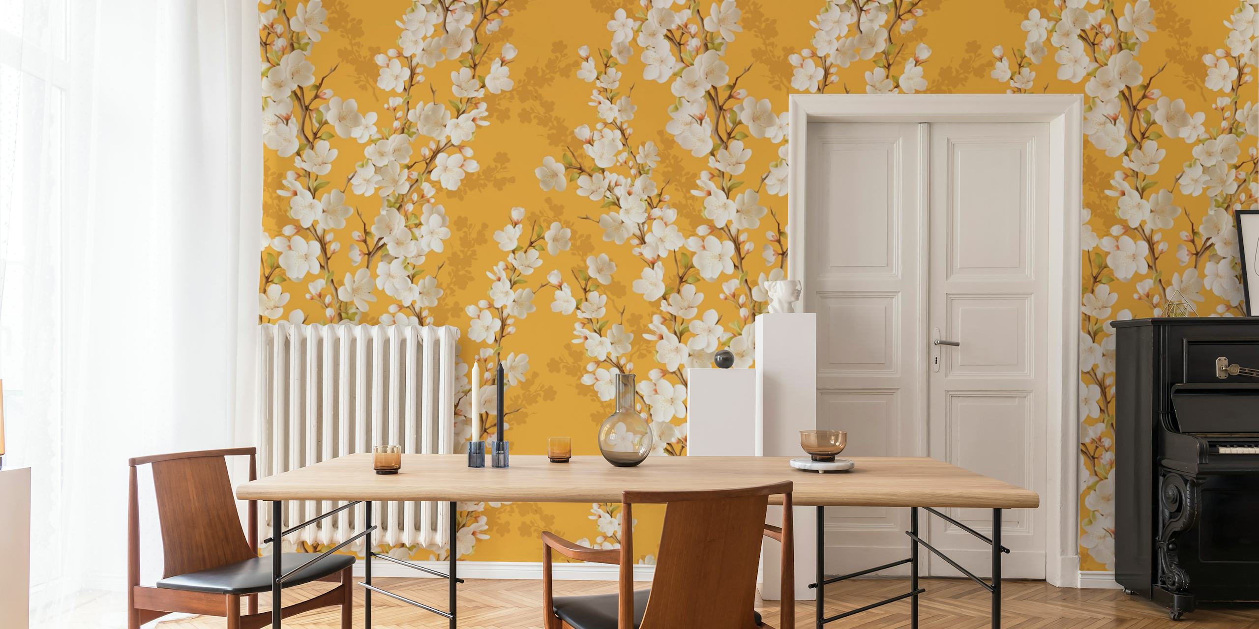 Cherry blossom mural in warm yellow tones