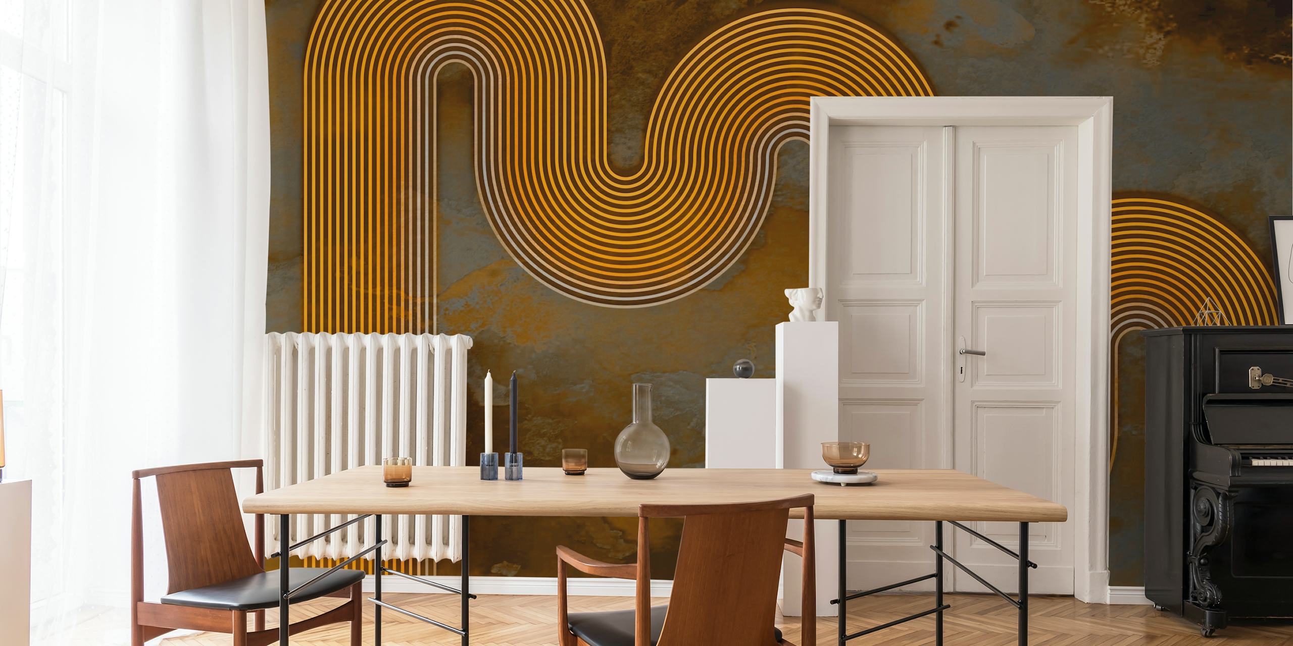 Curved gold lines on textured brown background wallpaper