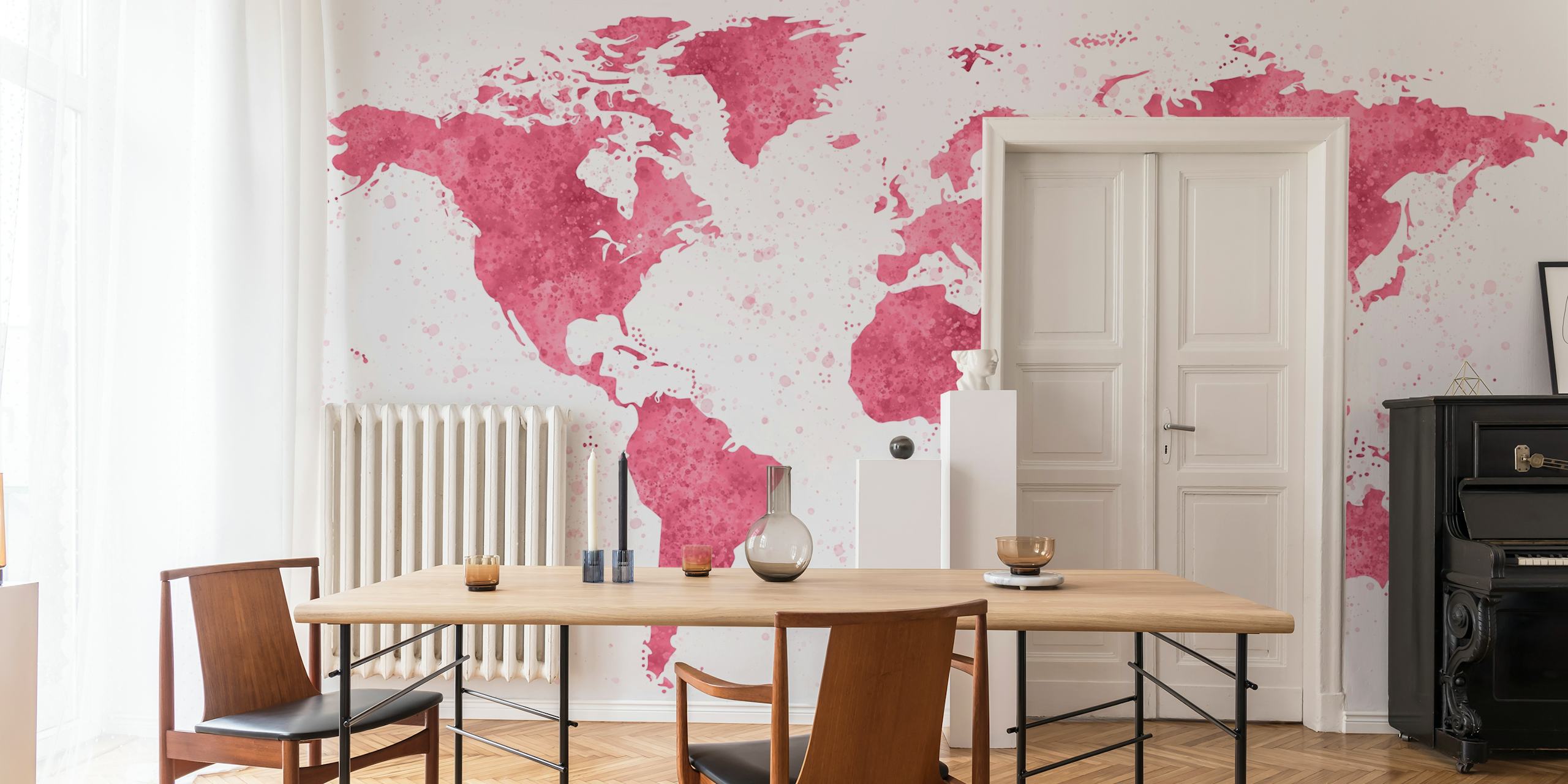World Map Mural in magenta colors