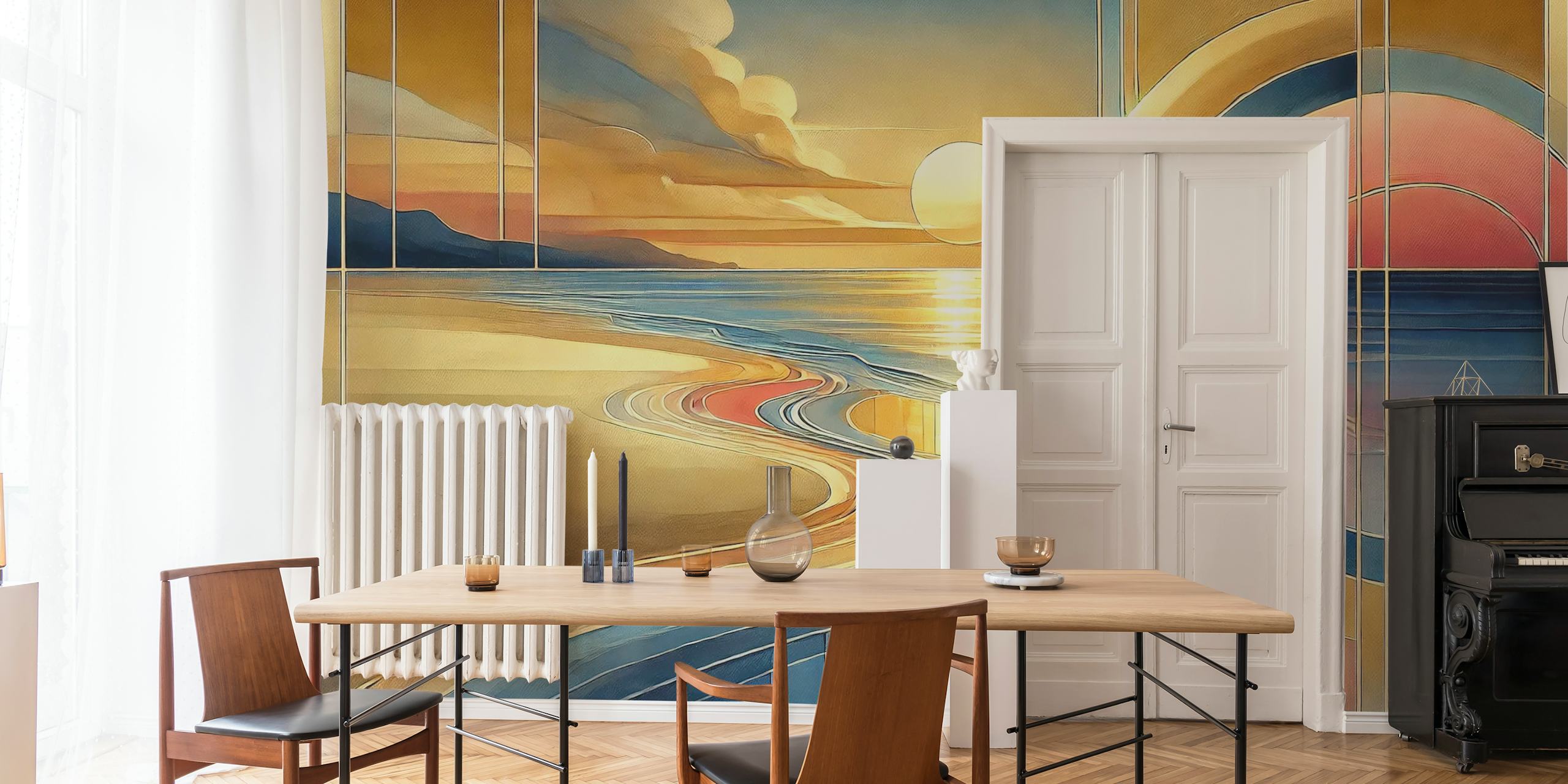 Art Deco wallpaper featuring geometric shapes and a sunset color palette