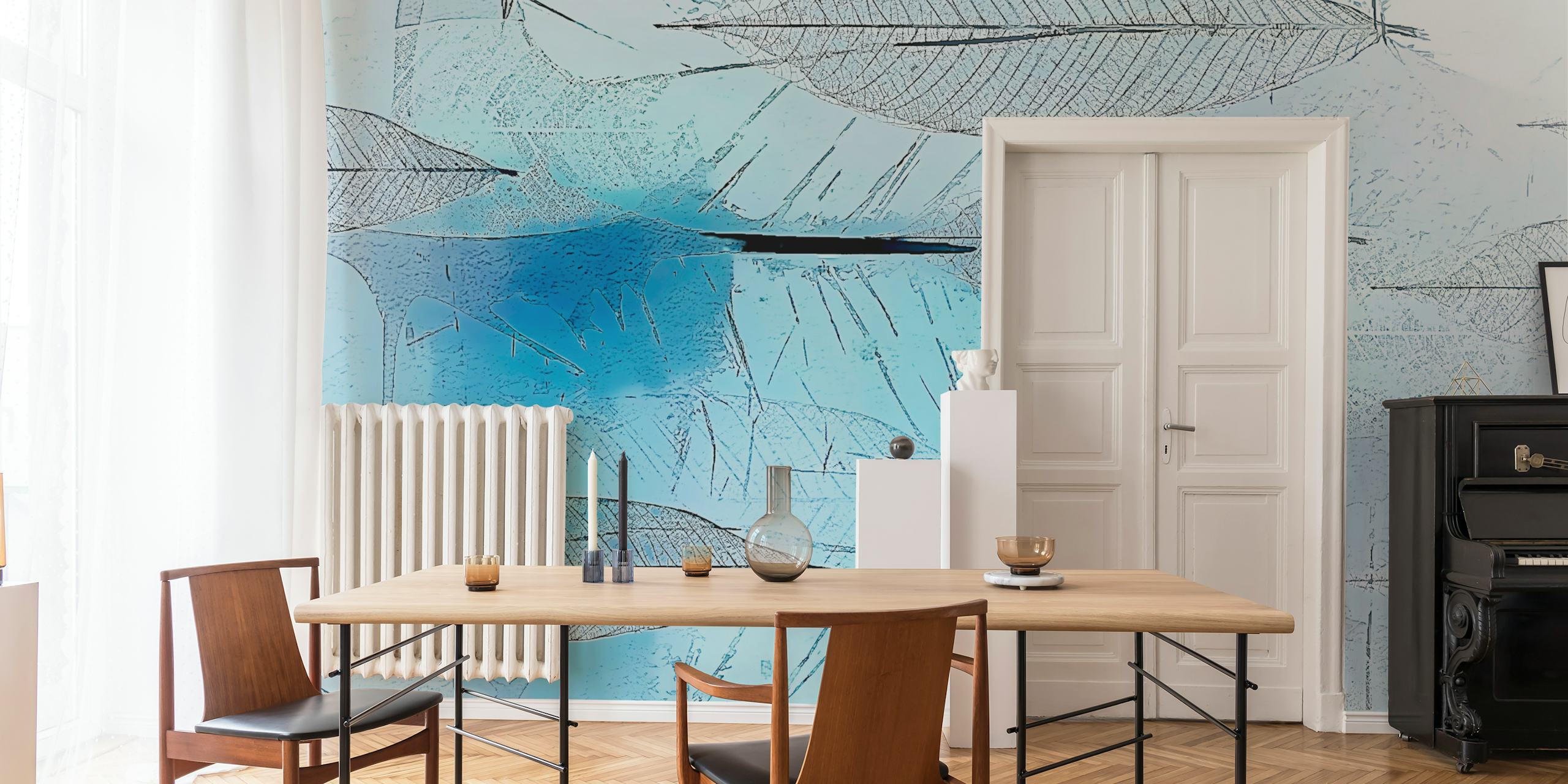 Stylized blue leaves on a soft gradient background wallpaper