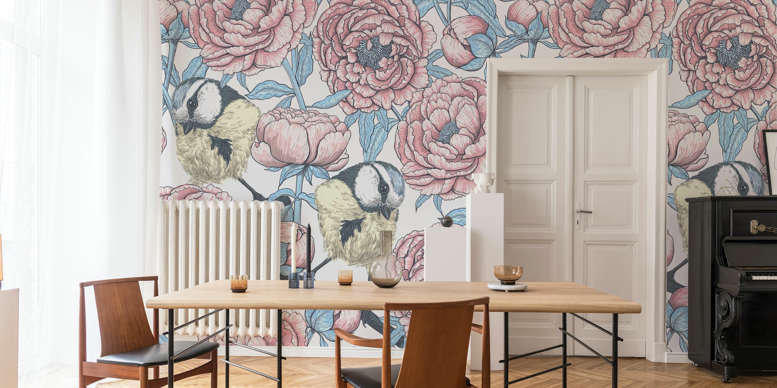 Peony flowers and birds in pink and blue tones wallpaper