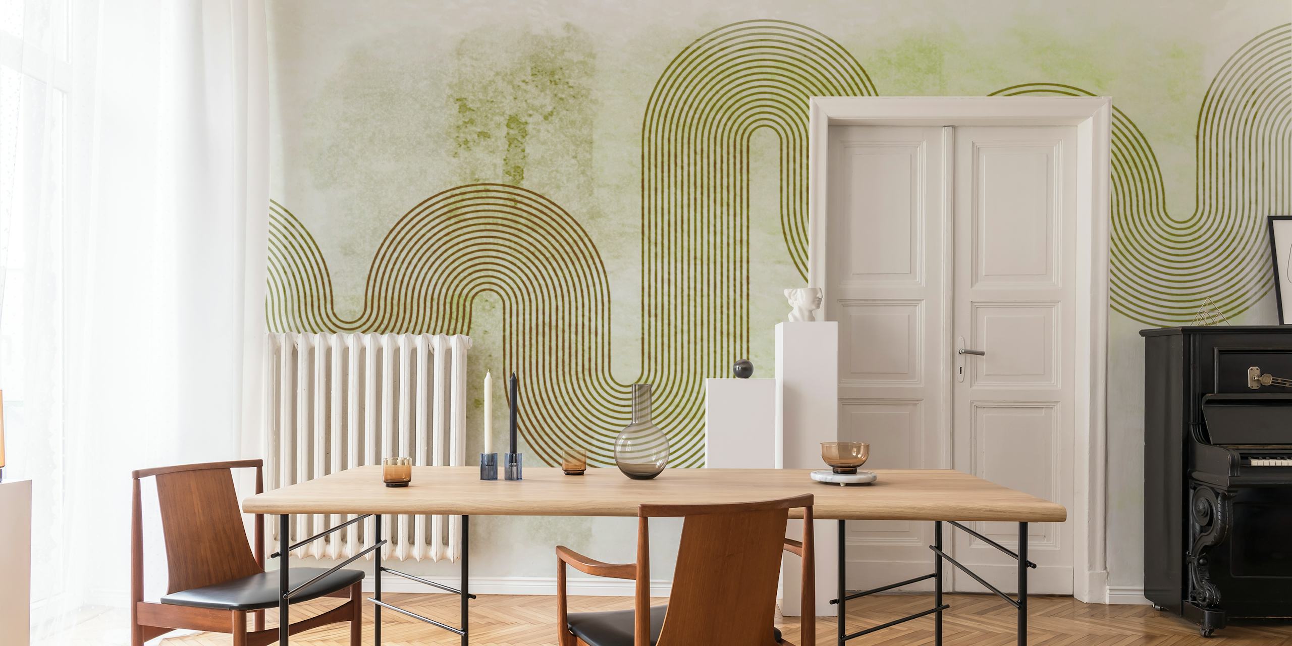 Curved lines in shades of brown and green abstract wallpaper